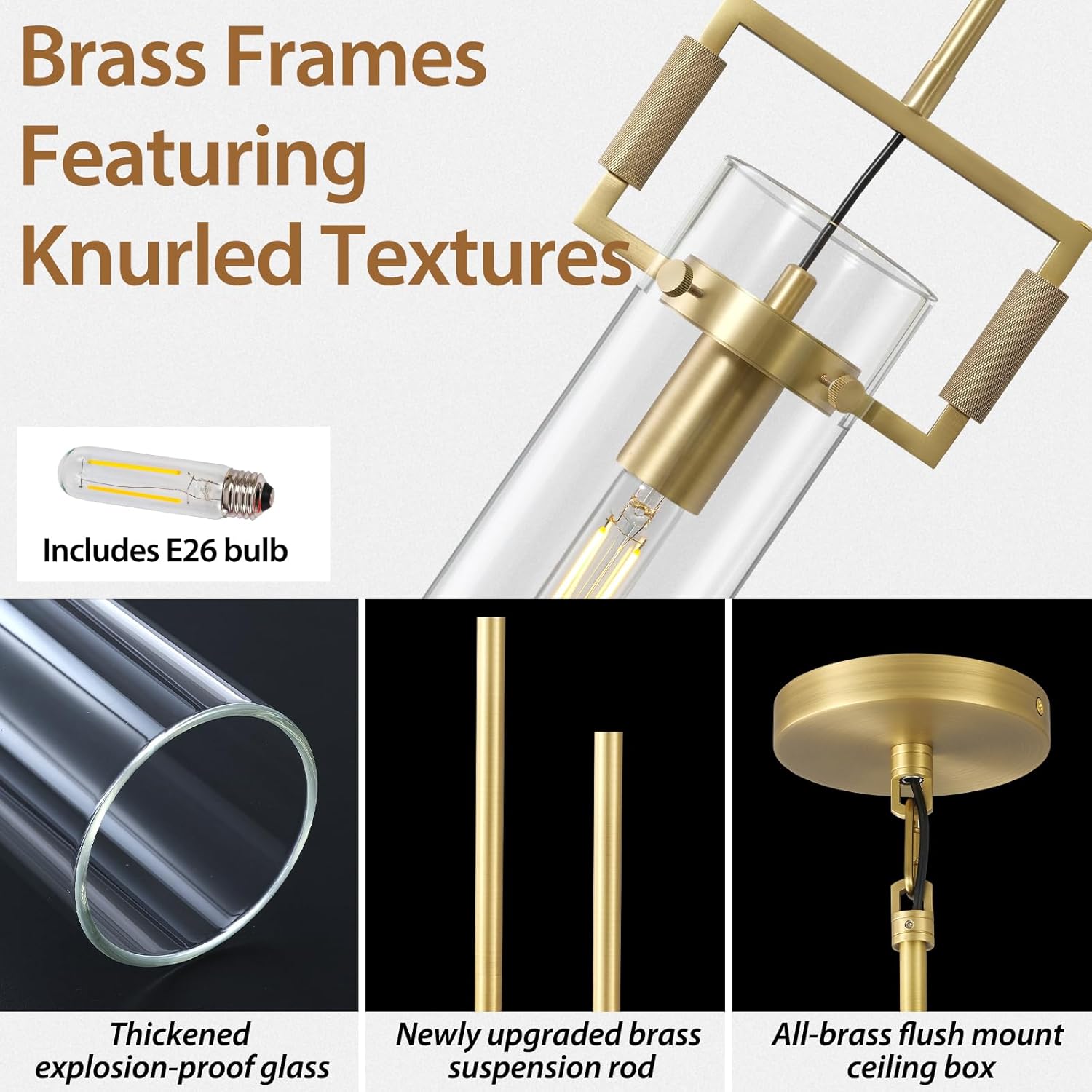 Brass Pendant Lights Kitchen Island, Modern Gold Pendant Lights,12Inch Glass Knurled Kitchen Pendant Lighting Over Island,Farmhouse Island Lights For Kitchen Sink,Bathroom,Bedroom,Included E26 Bulbs