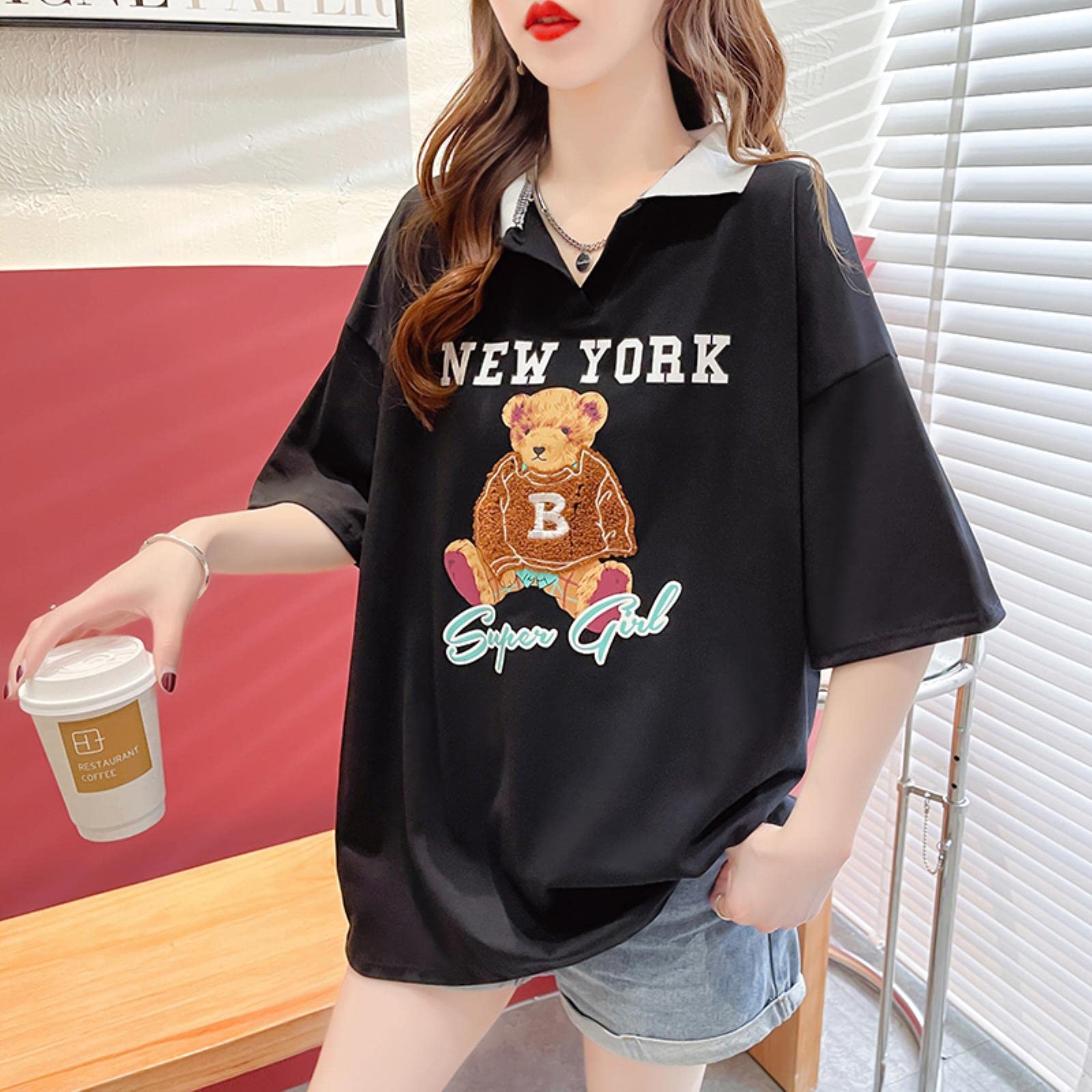 Donne T-Shirt T-Shirt Casual Basso Orso Pattern Teas Stampa Tees Sciolti-Pink,M