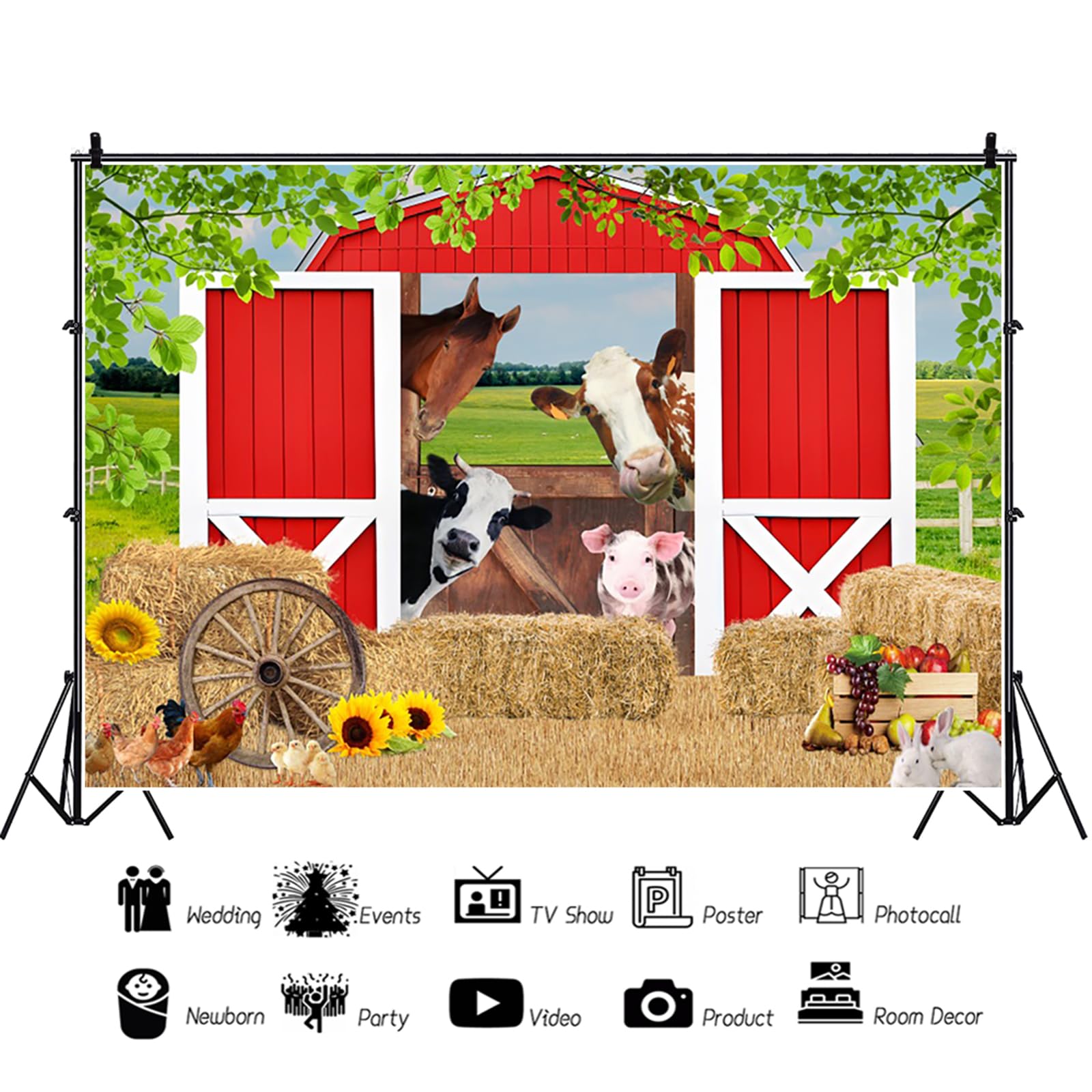 Fotohintergrund Cartoon Bauernhof Tiere 2,1x1,5 M - Rote Scheune Design Für Babyparty, Geburtstag | Vinyl-Tuch