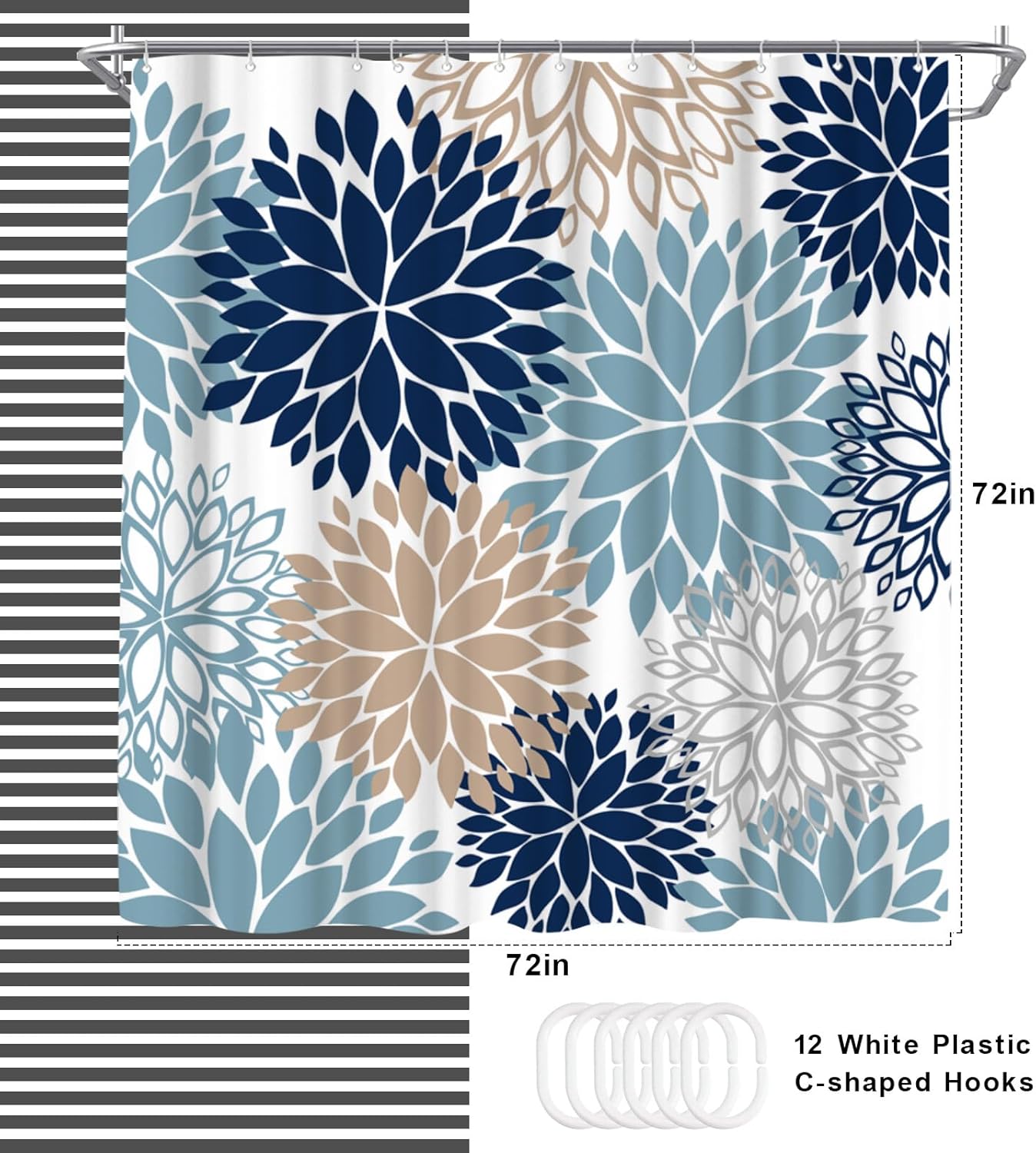 WELMECO Blue Shower Curtain Dahlia Flower Print Polyester Shower Curtain Bathroom Decor, 72x72inch (deep Blue,tan,Grey,White)