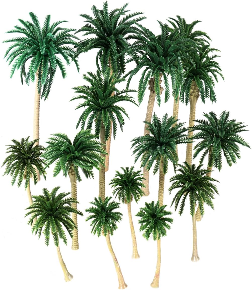 Kisangel 15Pcs Miniature Coconut Palm Trees Model for Dioramas Train Scenery Cake Toppers and Landscape Decoration - Assorted Sizes 16Cm 13Cm 11Cm 8Cm 7Cm