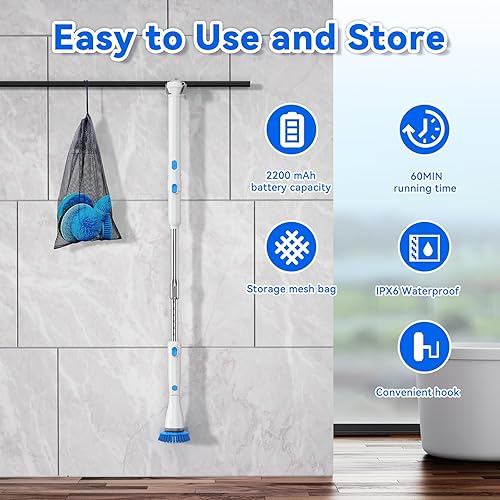 Miniatura 7 de Limpiador eléctrico giratorio, cepillo de limpieza inalámbrico con 7 cabezales de cepillo reemplazables, 2 ángulos ajustables y mango de extensión