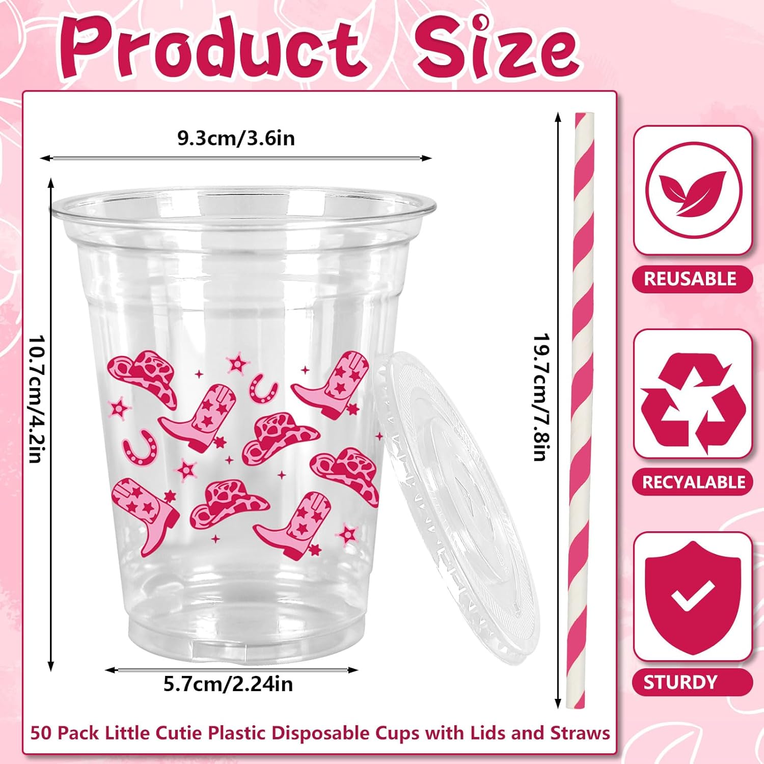 JarThenaAMCS 50Pcs Cowgirl Plastic Cups with Lids and Straws Pink Western Cowgirl Clear Plastic Cups 12oz Disposable Cup for Boho Preppy Party Supplies - Image 2