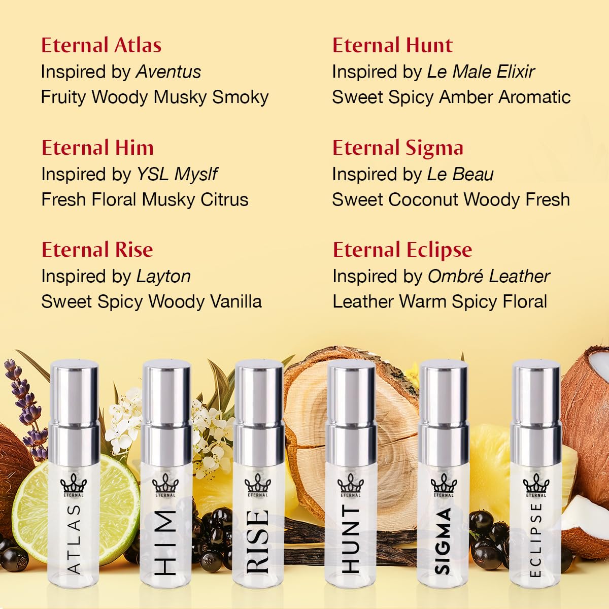 Eternal Discovery Set Men's Modern & Niche 6x3ml Sample Sprayers, Long-lasting, Vegan, Clean Ingredients, Inspired by Aventus, Le Male Elixir, Myslf, Marly's Layton, Le Beau, Ombré Leather