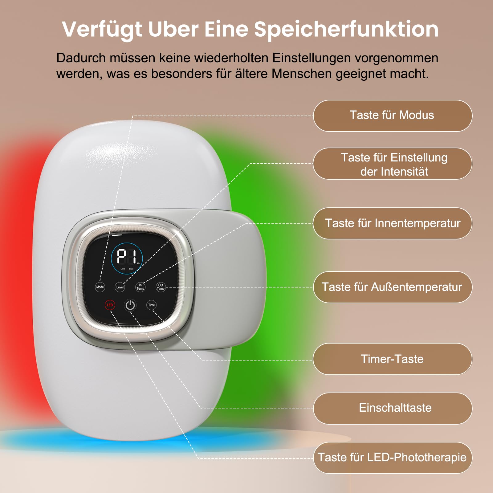 Handmassagegerät, Hand Massager mit 3 Gänge Airbag Kompression, Handgelenk Massagegerät mit Speicherfunktion, Massage Hand mit Rotes, Blaues und Grünes Licht, Interne Externe Wärme, Schmerzen lindern