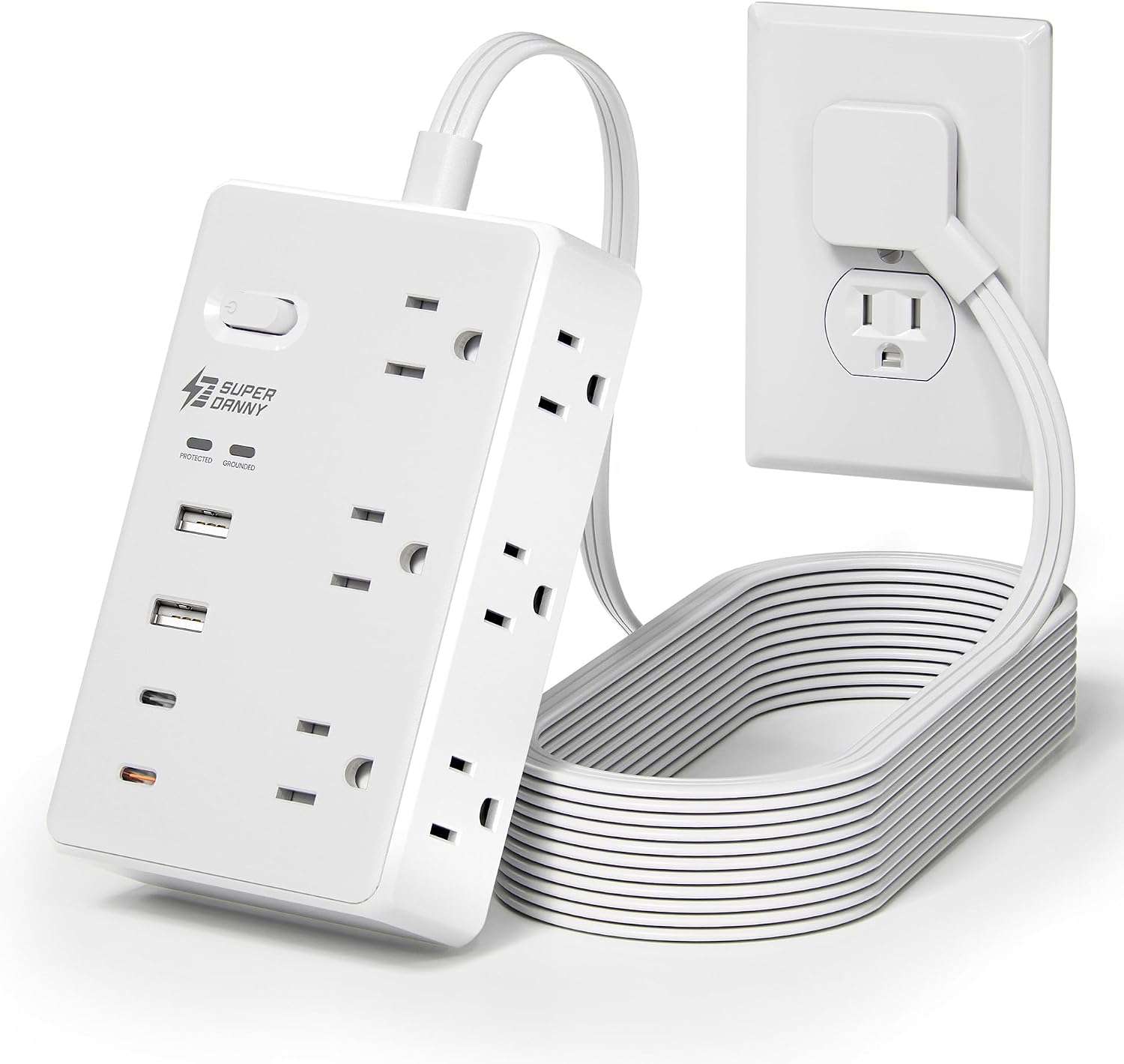 10Ft Long Extension Cord, PD20W, 6 outlets, 2A2C, Flat Plug Surge Protector