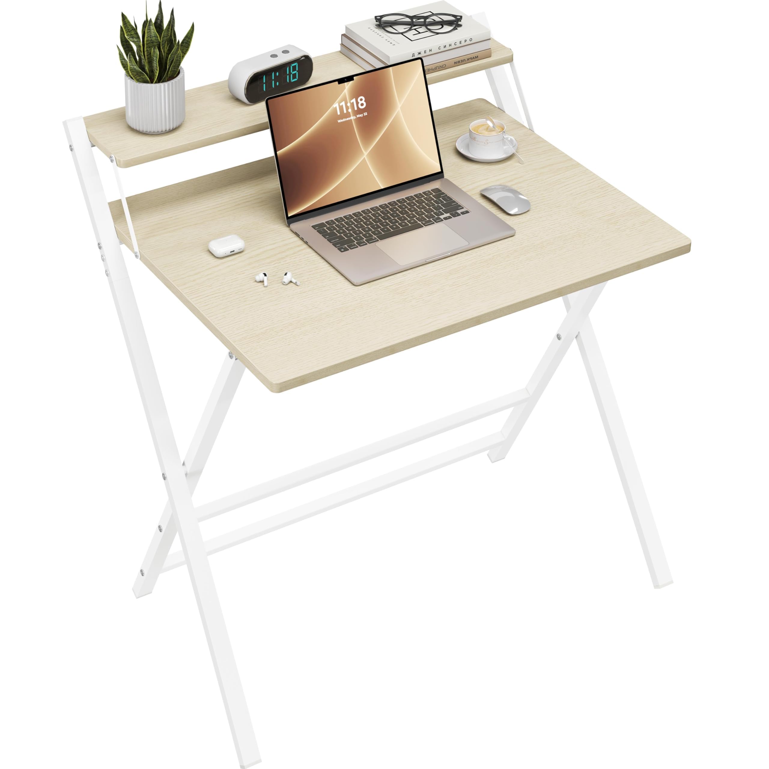 Yaheetech Foldable Desk with Monitor Stand,80 cm Computer Desk for Small Spaces,2-Tier Folding Table for Home, Office, School, Dormitory,Easy Assembly(Natural Wood) โ image 1