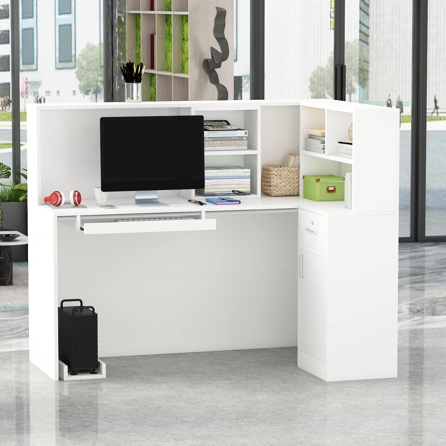 White Modern Reception Desk with Lockable Drawer and Shelves