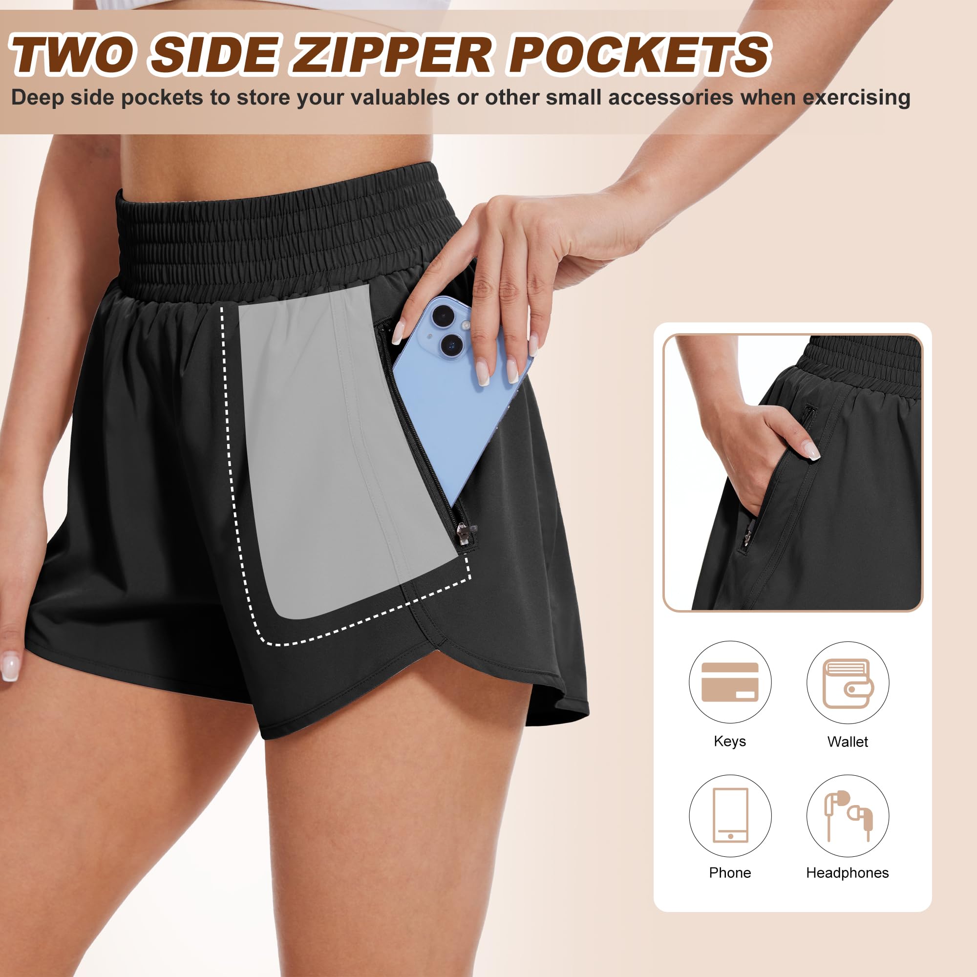 Lot de 5 shorts de sport courts pour femme - Avec poche zippée - Pour l'été - Pour la course à pied, le yoga, la course, le fitness, la course à pied