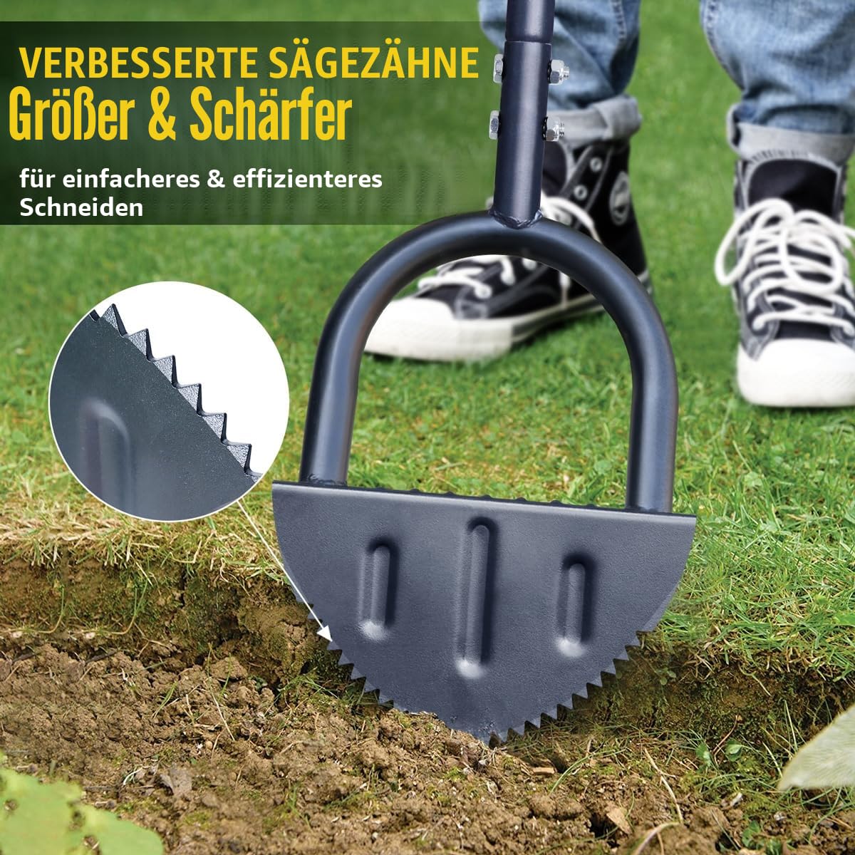 Colwelt Sägezahn-Rasenkantenschneider, Halbmond-Rasenkantenschneider mit T-Griff, Langstieliges Kantenmesser für Rasenkanten, 96 cm