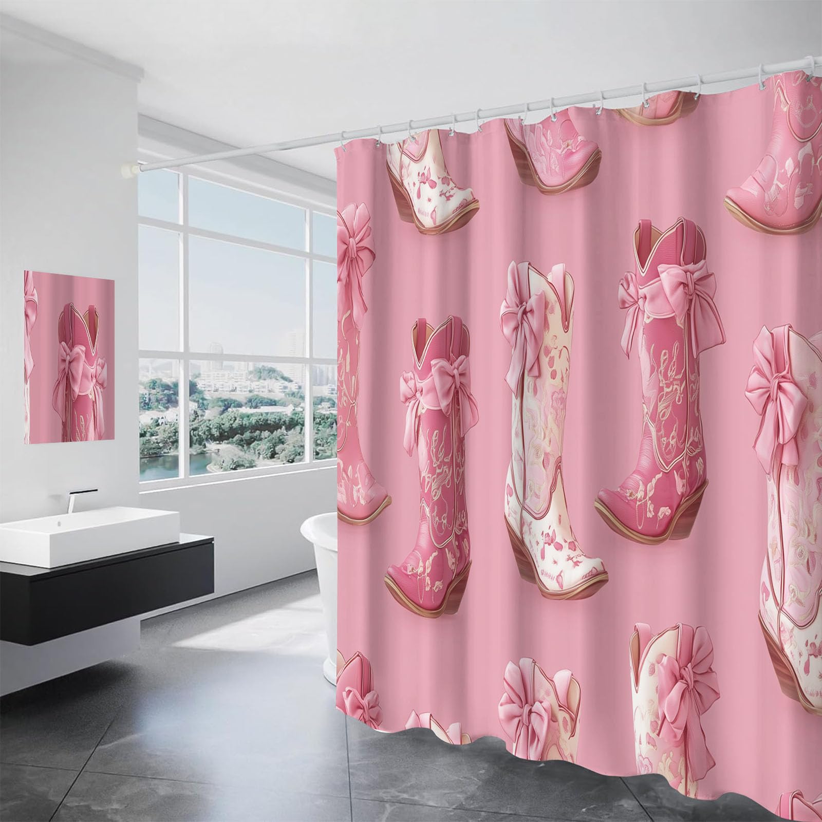 Rideau de douche bottes cowboy rose 180x180 cm en polyester lavable pour baignoire chic