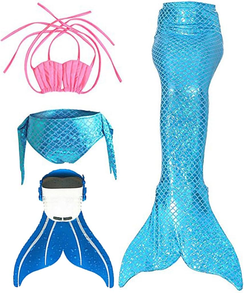 Little Girl's Sparkle Mermaid Tail with Monofin Swimmable Swimwear 4pcs Set Bikini Swimsuit (royal blue, 8(110-120cm))