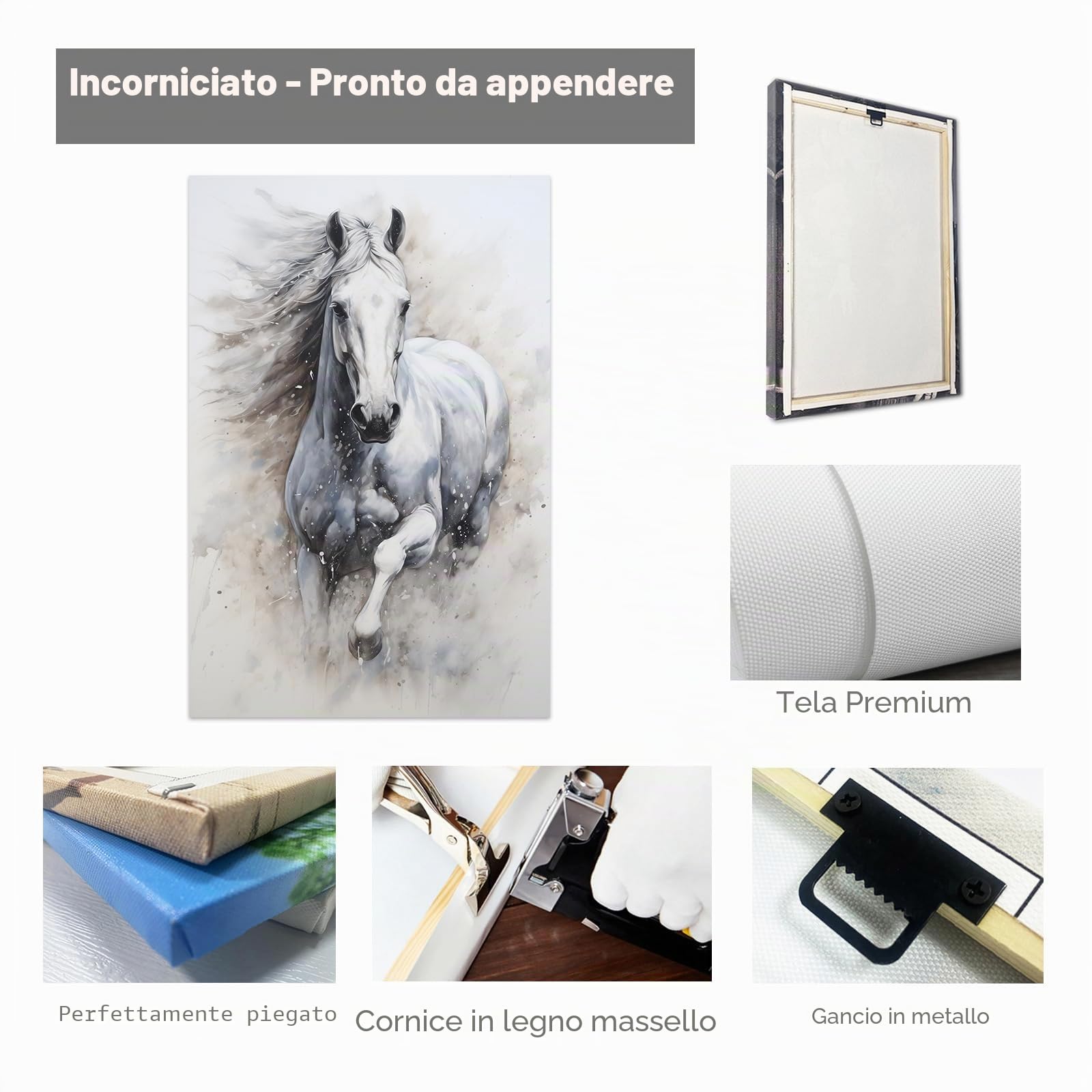 CCWACPP Stampa di cavalli su tela Pittura di cavallo bianco Immagine di cavallo in corsa Acquerello Ritratto di animale occidentale Opera (A, (30.00 x 45.00 cms))