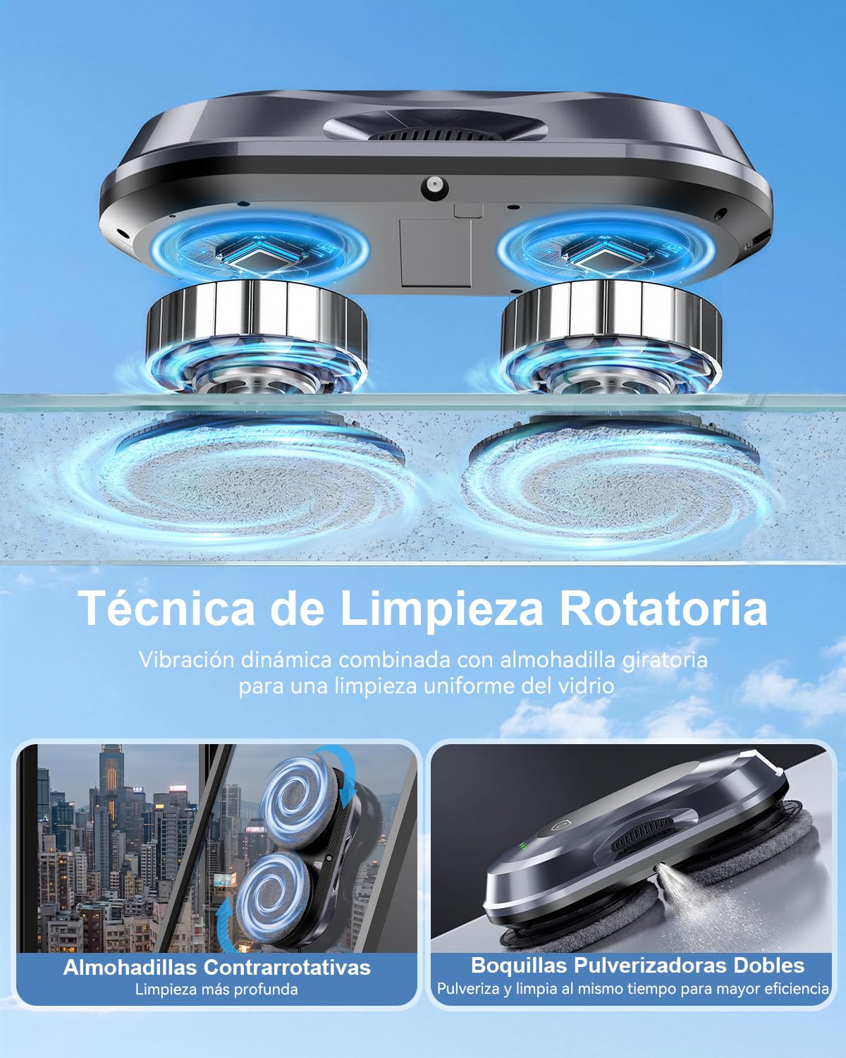 Keero Robot Limpiacristales, Lavado de Ventanas con Doble Boquilla y Potencia de Succión de 6000 Pa 2026 Mejorado, 3 Modos de Limpieza, Tanque de Agua 60ml, Limpia Cristales Electrico Ventanas