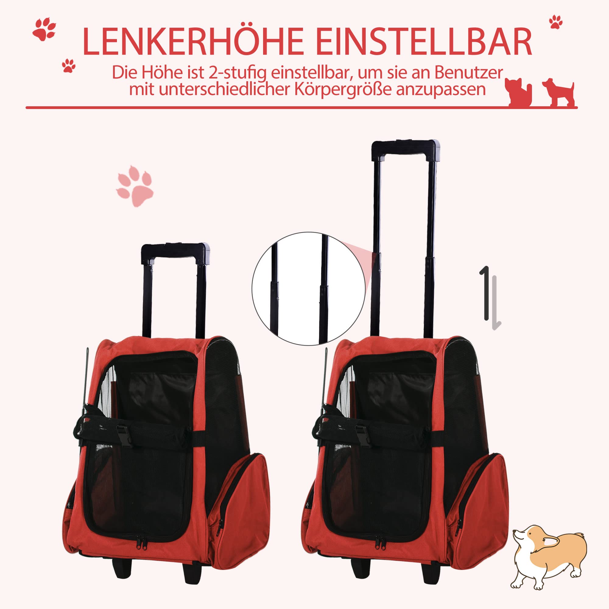 PawHut Hundetrolley Transporttasche Tragetasche für Tiere 2in1 Rucksack und Trolley 35x27x49 cm rot