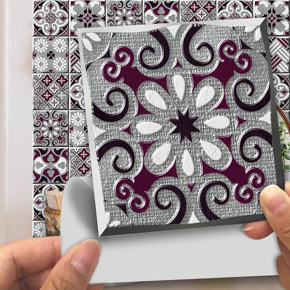 Tile Stickers Purple Gray Mandala Stick On Tiles,Self Adhesive Wall Tiles for Kitchen Bathroom,Vinyl Peel and Stick Wall Tiles,Stick On Wall Tiles Waterproof Oilproof 10 PC(10x10cm)