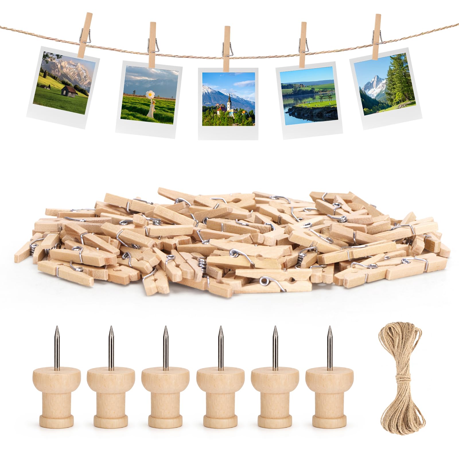 jijAcraft 2.5cm Mini Wooden Pegs: 100Pcs Mini Photos Pegs for DIY Crafts, Small Peg with 10M Jute Twine & 6Pcs Wooden Push Pins, Natural Display Clips for Hanging Photos Cards