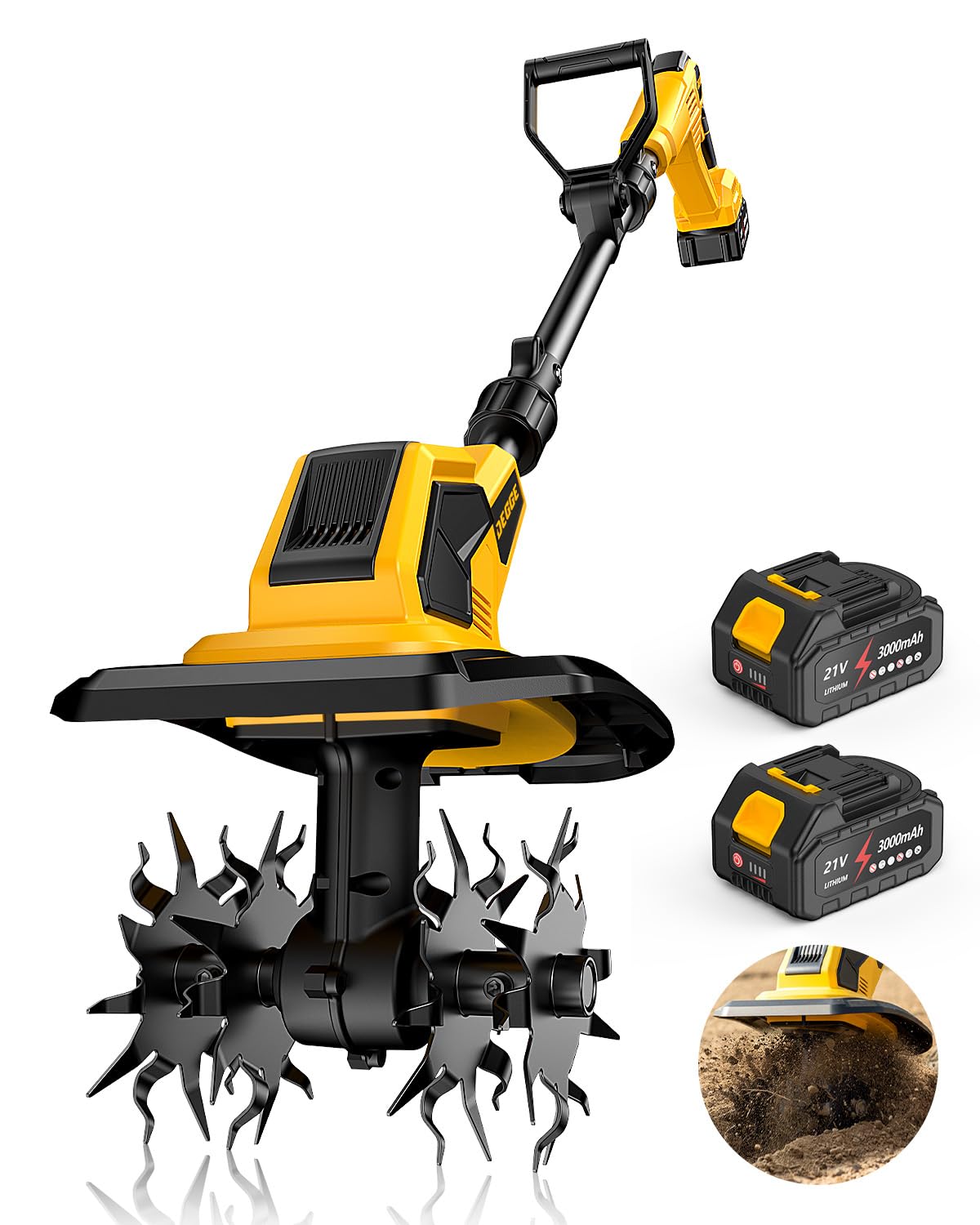 Photo 1 of DEGGE Tiller, Cordless Tiller Cultivator with 48 Steel Tines, 9 inch Tilling Width and 6.7 inch Depth, 2 x 3.0Ah 21V Batteries & Charger, Gardening Tools for Lawn/Gardening/Soil Cultivation