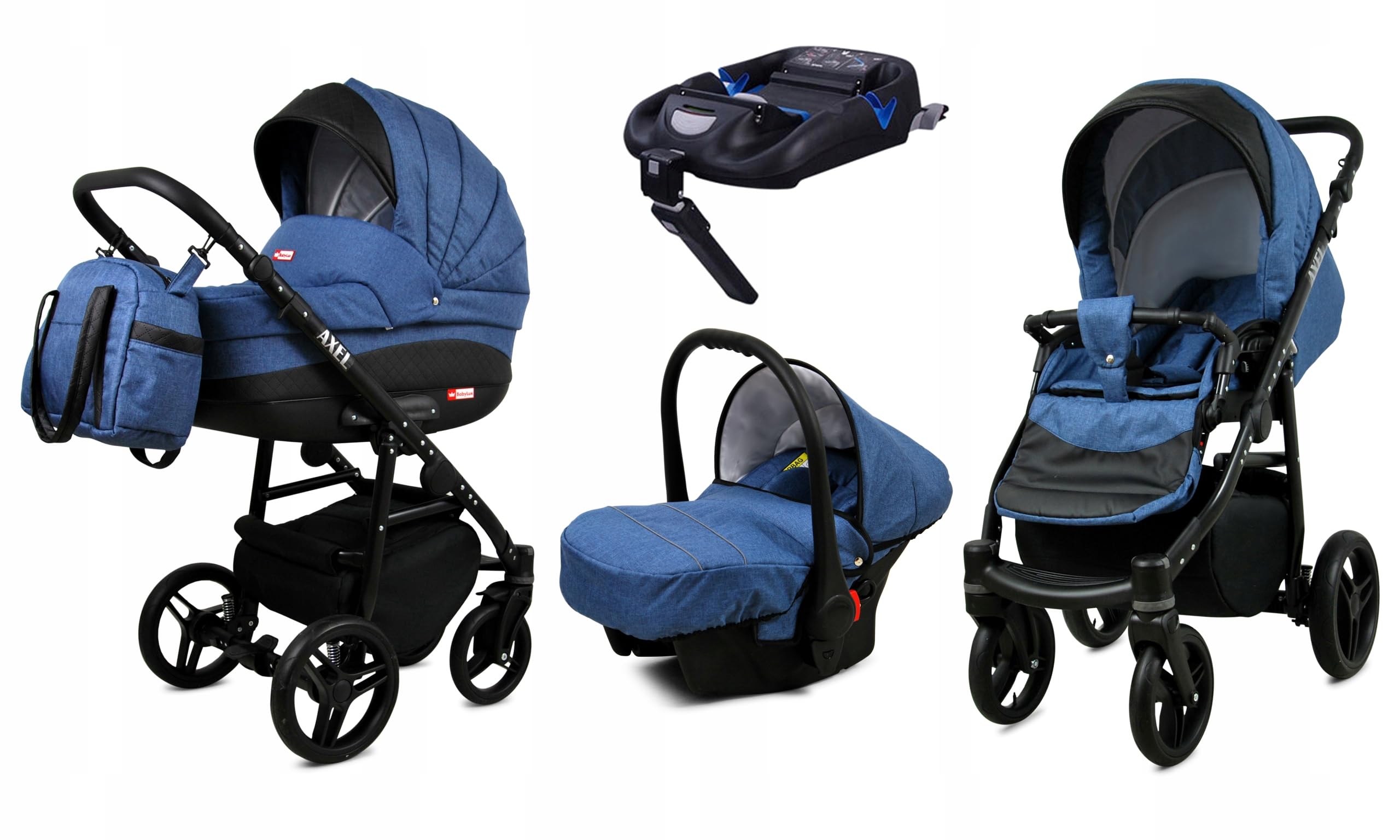 BabyLux® Wózek dziecięcy kompletny zestaw 4 w 1, Axel, w tym gondola dla niemowląt, wędka, fotelik samochodowy, podstawa ISOFIX, wózek dziecięcy, system kombinowany, z torbą do przewijania itp.