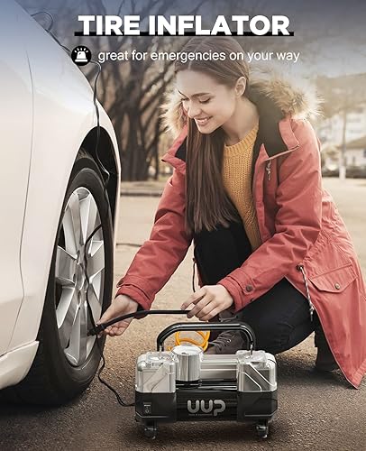 Vista 8 de Inflador de Neumáticos Compresor de Aire, 150PSI 12V CC Bomba de Aire Portátil de Doble Cilindro de Alta Resistencia con Luz LED de Emergencia