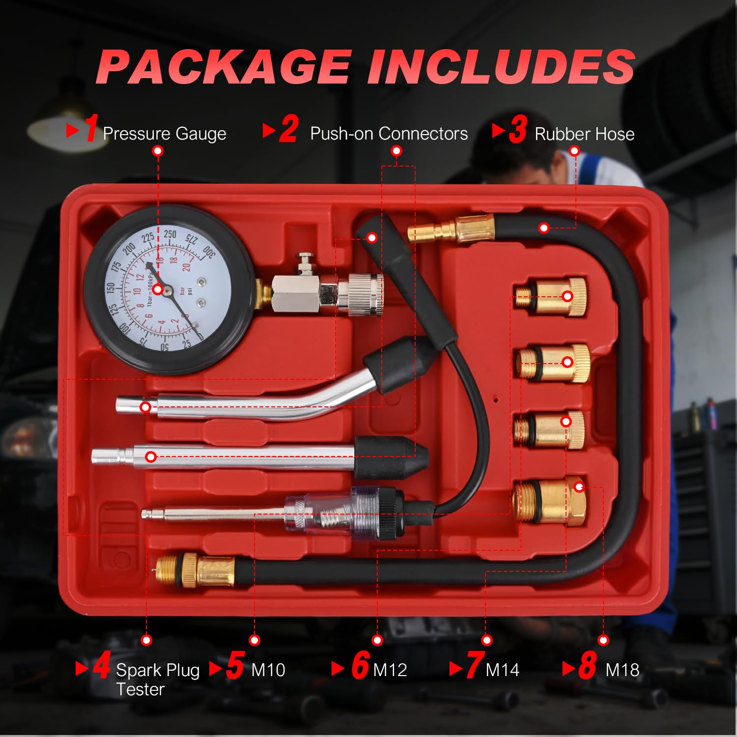 GOOACC 9-Piece Engine Compression Tester Kit, 0–300 PSI with Spark Tester