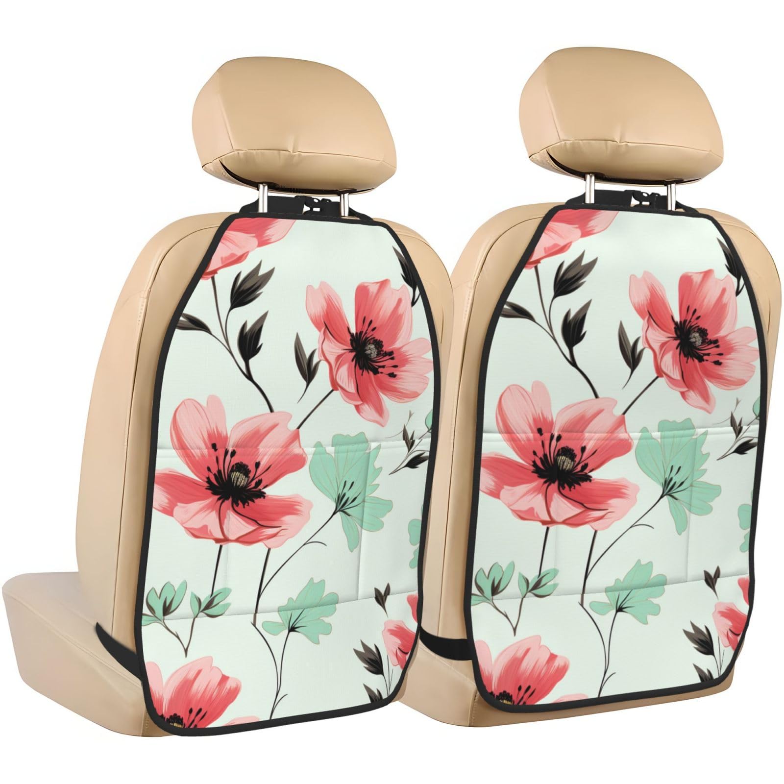 Watercolor Flowers In Black And Pink Car Seat Back Kick Protectors,2 Pack Kick Mats With Storage Pockets For Vehicles To Protect From Dirt Mud Scratches