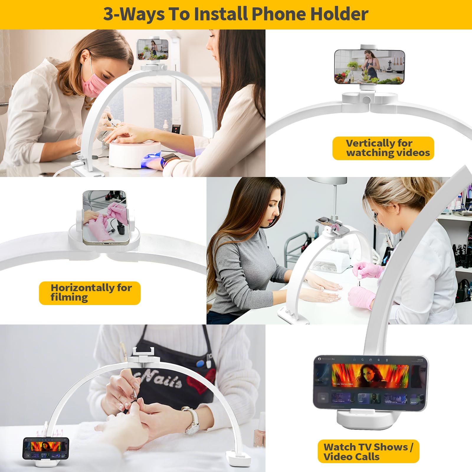 CGBE Desktop Halbmondlampe für Nägel mit Handyhalter für Nageltechniker | 30 Zoll - 45 W - 3000-6500K Dimmbar Mit 3 Farbmodi - Faltbare Tischlampe für Kosmetiker Maniküre Tattoo - Weiß