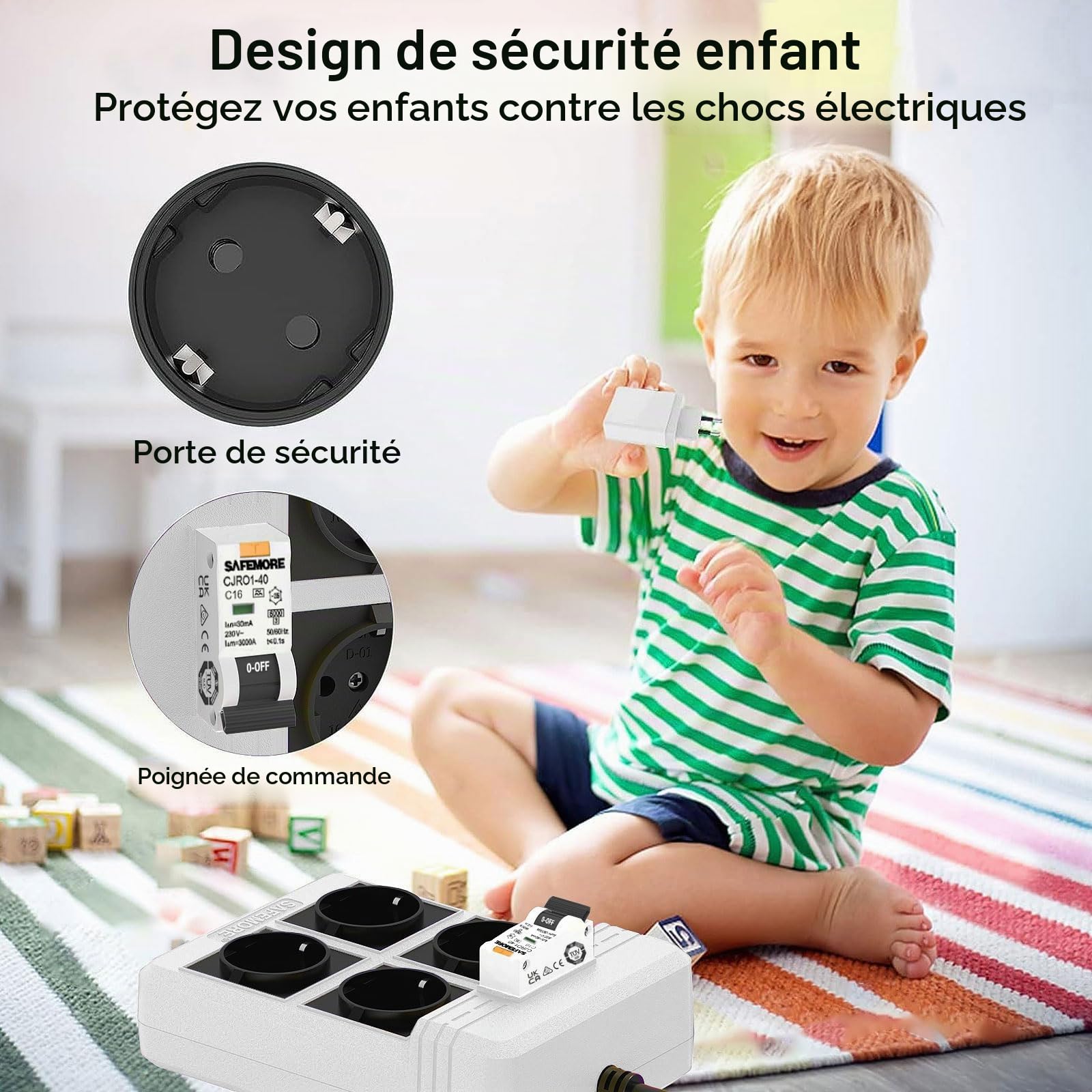 Multiprise avec disjoncteur FI intégré, 4 prises RCD avec interrupteur FI/LS 16 A/250 V, 3680 W, avec rallonge de 3 m et disjoncteur RCBO 30 mA (blanc)