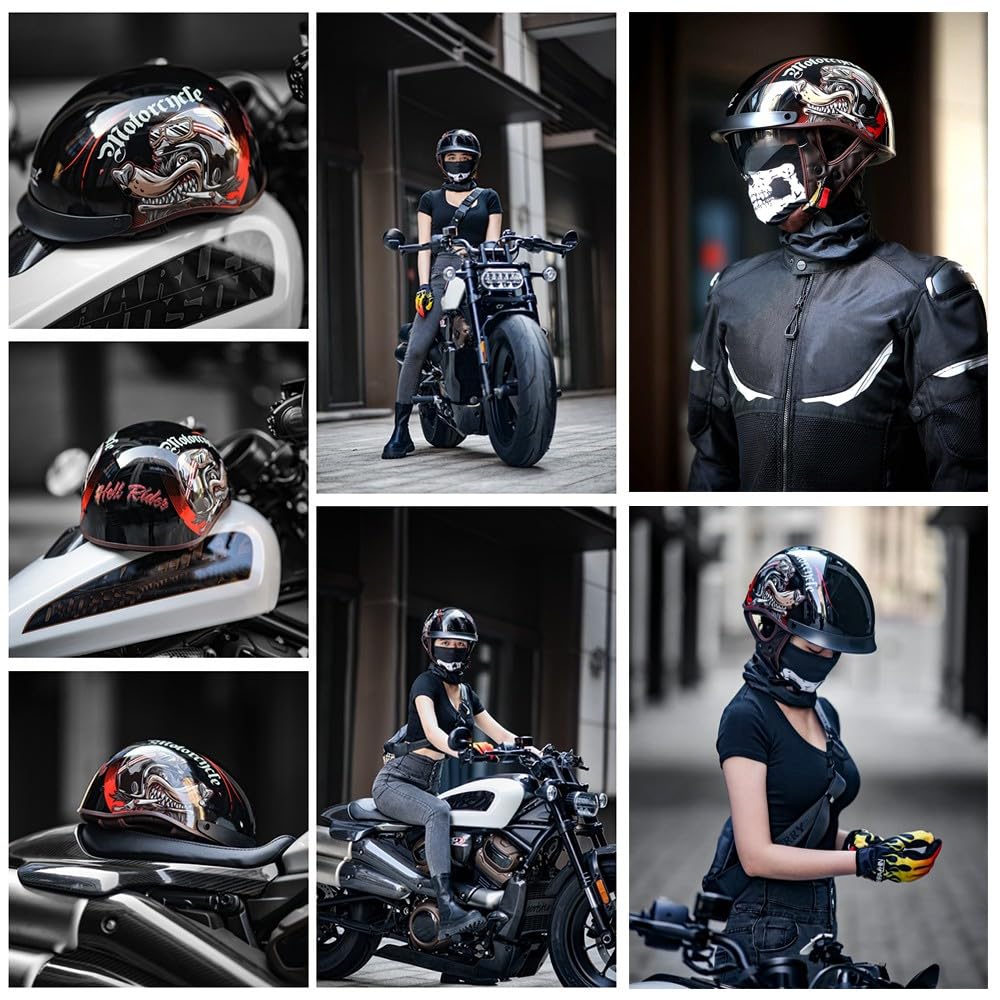 Casques Jet, Demi-Casque Moto Vintage Homologué ECE, Rétro Casques Bols avec Pare-Soleil et Boucle à Dégagement Rapide Réglable, Casque Ouvert pour Scooter Vélo Cruiser 57~64cm