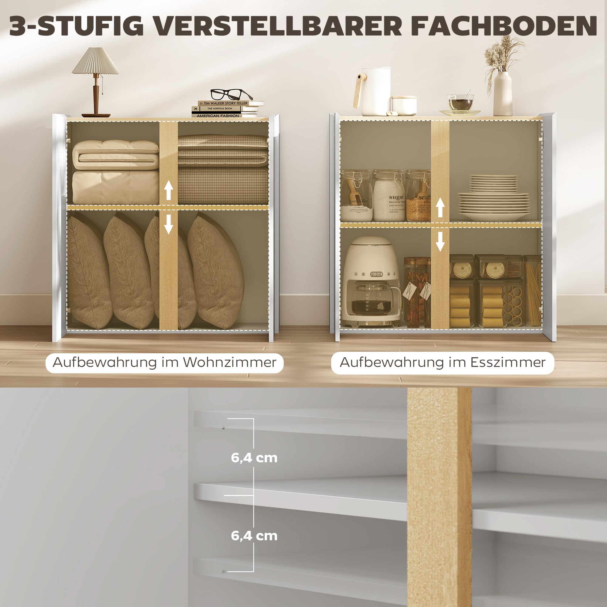 HOMCOM Sideboard Küchenschrank für Küche 80 x 40 x 80 cm Hochglanzweiß | 2 Soft-Close-Türen, Verstellbarer Einlegeboden, Moderner Aufbewahrungsschrank, Wohnzimmer