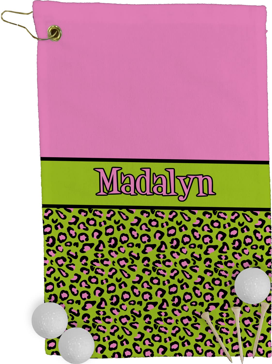 RNK Shops Personalized Pink & Lime Green Leopard Golf Towel - Poly-Cotton Blend - Small w/Name or Text