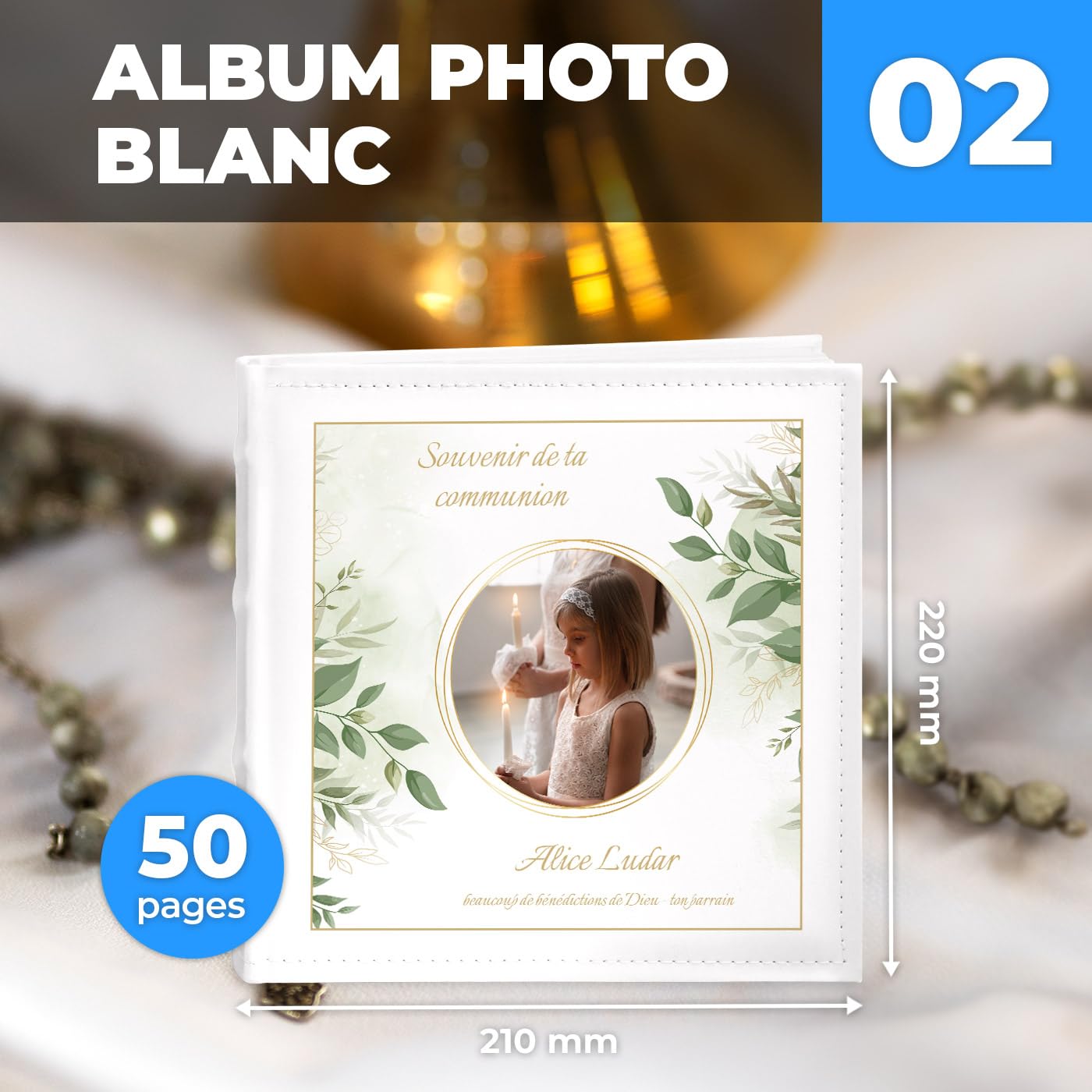 Maverton Album photo à pochettes, Album Photo à personnaliser en cuir blanc, Cadeau pour la Première Communion, Livre photo imprimé pour un enfant - communion privée
