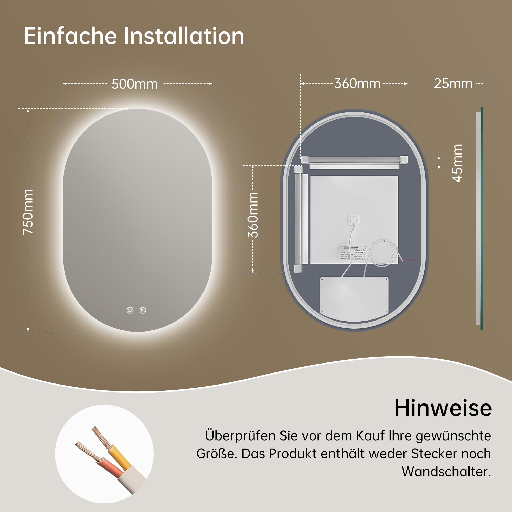 50x75cm LED Badspiegel mit Beleuchtung Oval | Badezimmerspiegel mit Beleuchtung,Beschlagfrei,Touch-Schalter, Dimmbar,3 Lichtfarbe Einstellbare, Bruchsicher