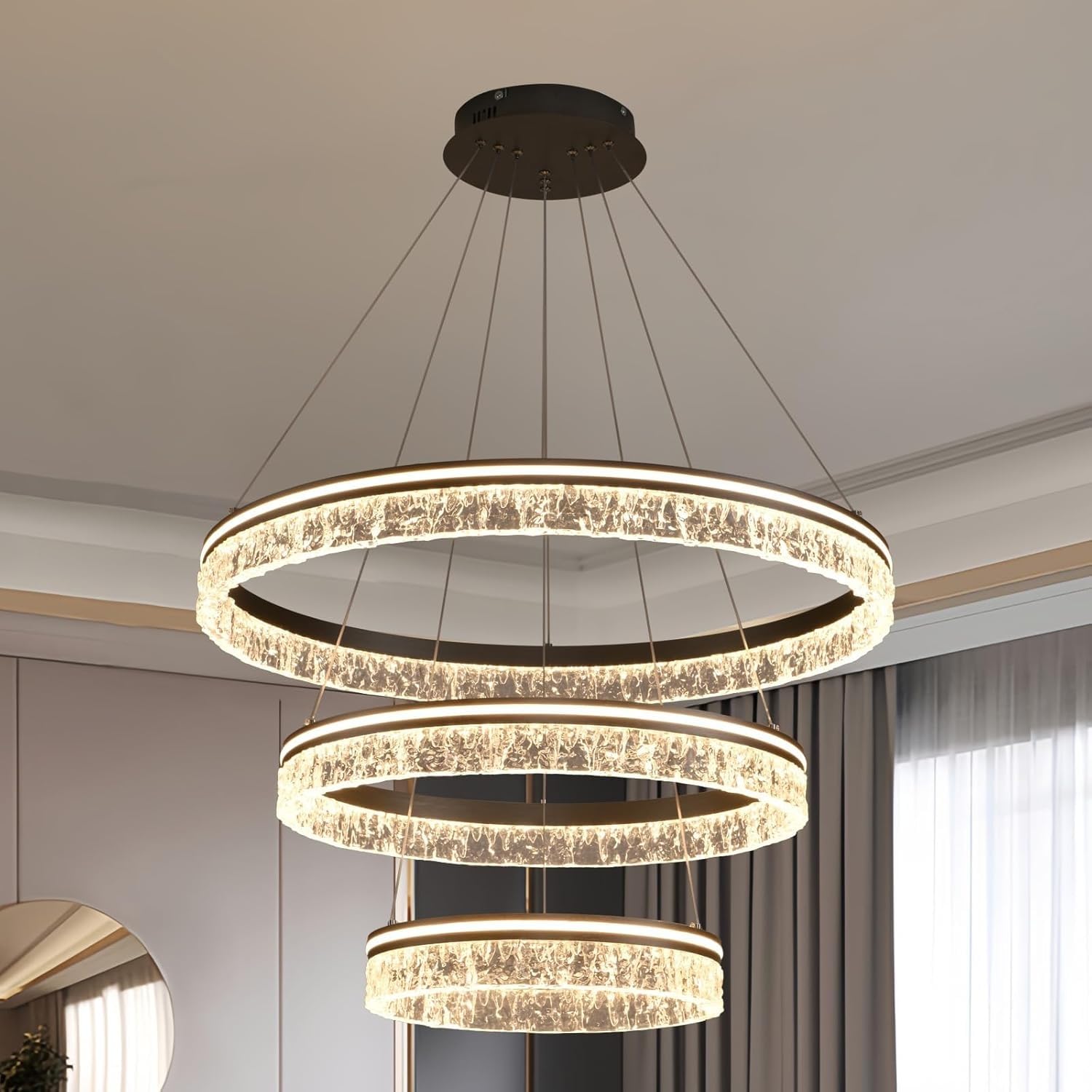 Ruirfh Grey Modern Ring Chandelier Brushed Acrylic Chandeliers For Dining Room Round Ceiling Light Fixture For Living Room Bedroom Lighting Led Dimmable With Remote Ring Lights Gold Pendant Light(,80Cm