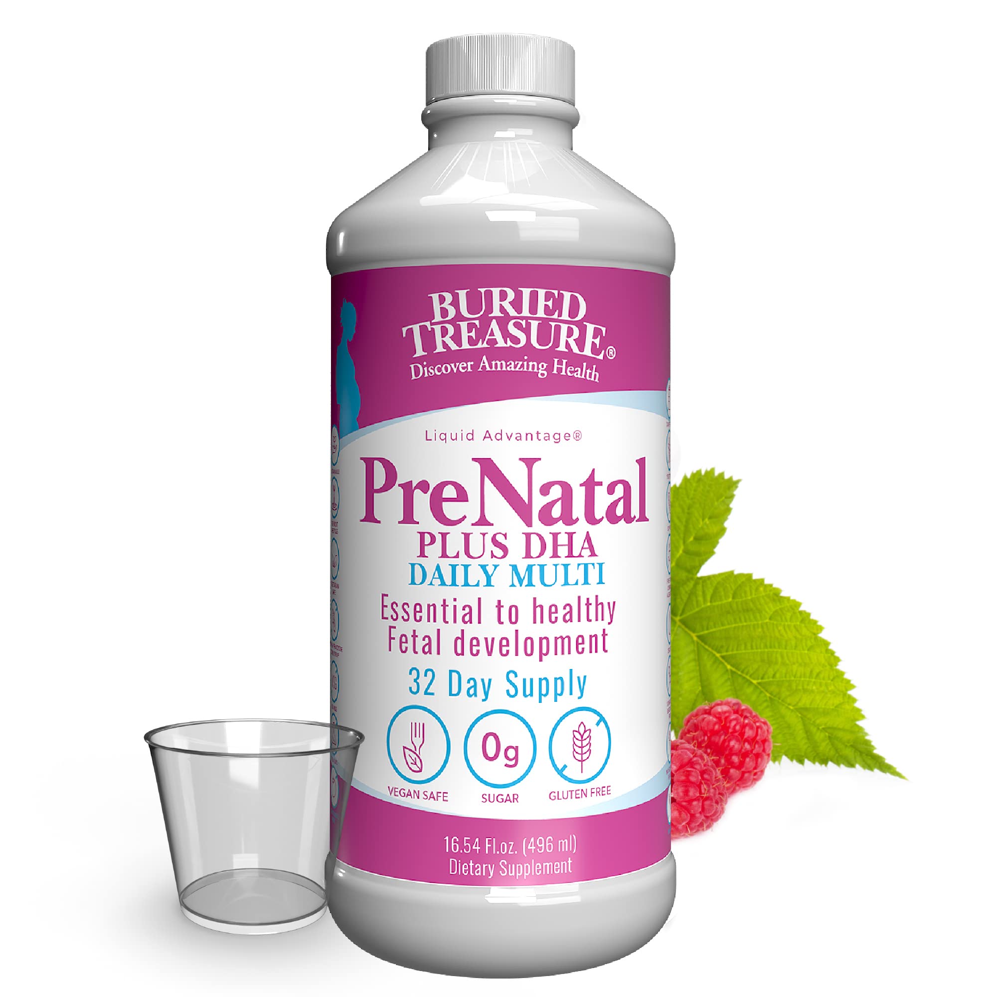 Buried Treasure Prenatal Plus DHA Complete, 16 oz Orange Banana Flavor, High Potency Liquid Formula Supplement for Before, During, Post Pregnancy, Natural DHA Omega3 Iron Vegetarian Safe w/Dose Cup