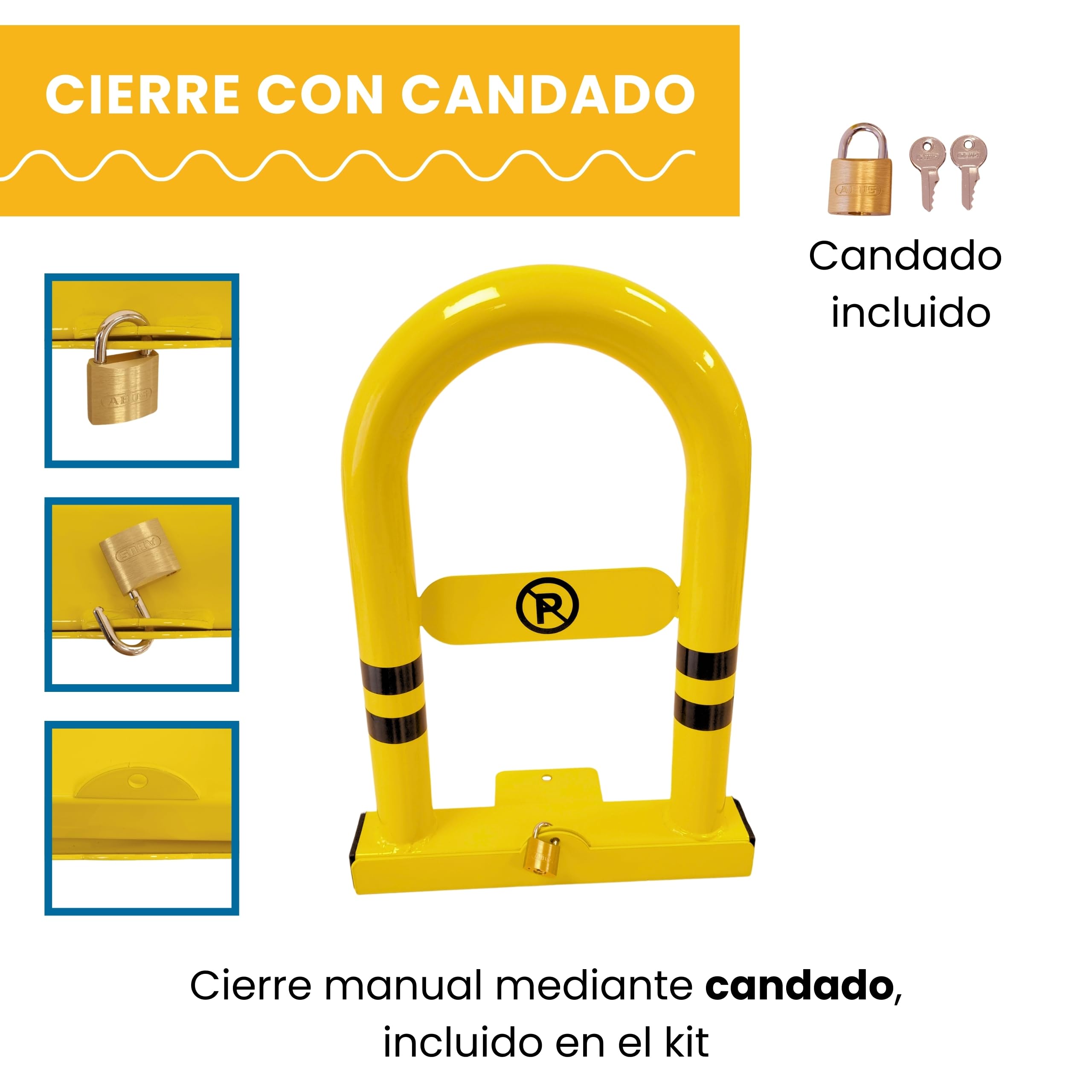 PARKING FACIL Valla de Parking/Cepo para Plaza de Garaje | Barrera Plegable y Resistente Modelo ULISES | Bloqueo Manual con Candado, Incluye Tornillería | Cepo de Seguridad, Amarillo | 1 Unidad