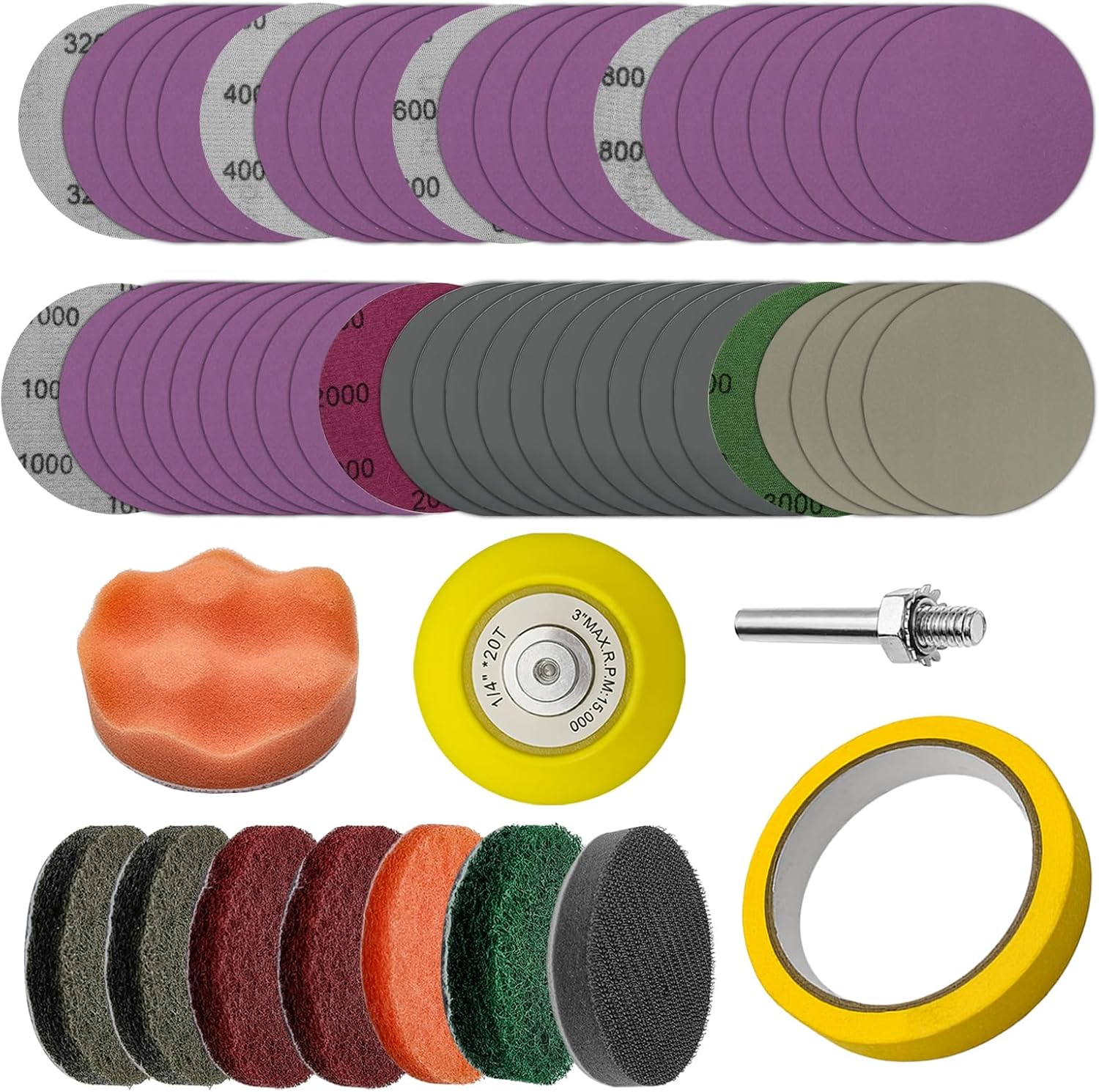 53 PCS Headlight Restoration Kit for Cars - 3 Inch DIY Drill Attachment with Sanding Discs (60-3000 Grit), Polishing Pads & Masking Tape - Headlight Cleaner & Polishing Kit