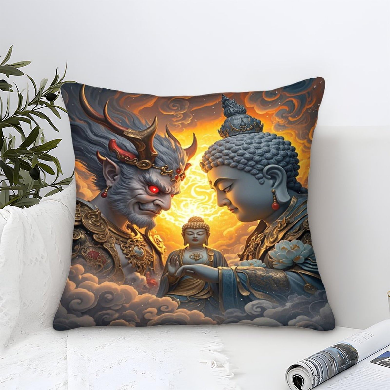 LILIlaobiao Buddha Statue Cushion Cover Decorations Gift, 40x40cm Pillow Cover Half Demon Half Buddha Ornaments Throw Pillow Case Decor Home Livingroom Couch Sofa