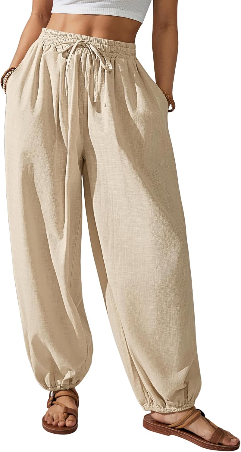 Bsubseach Womens Cotton Harem Pants Elastic Waist Baggy Pant Drawstring Balloon Trouser Loose Beach Pants with Pockets