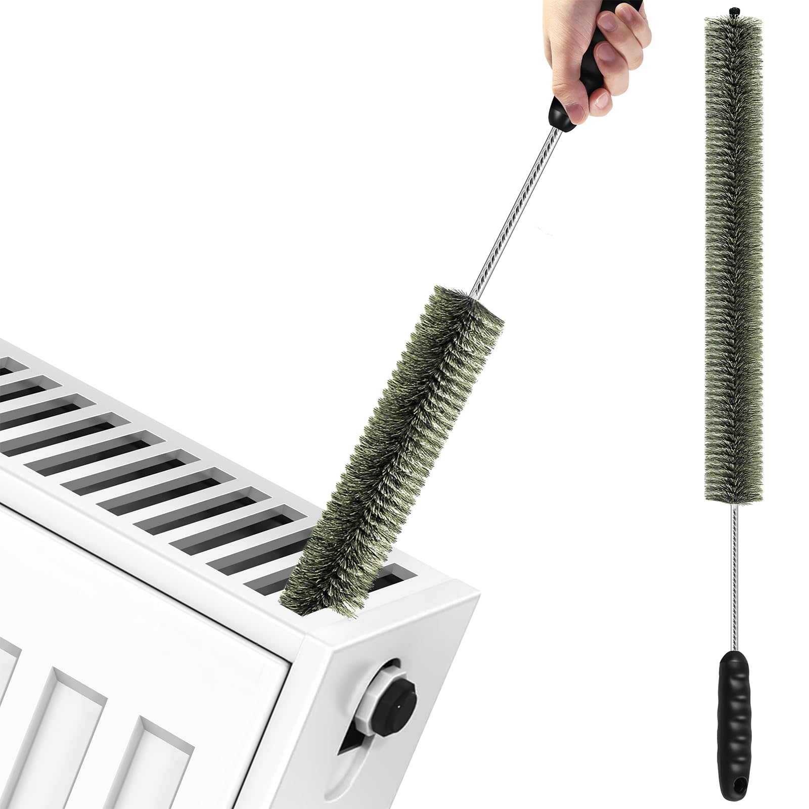 Hiawontar Green&Black Radiator Cleaner Brush, Thin Long 81Cm Boar Bristles Radiator Brush With Silicone Grip Handle, Flexible & Bendable Radiator Buddy For Cleaning Duster Inside Vanes And Backside