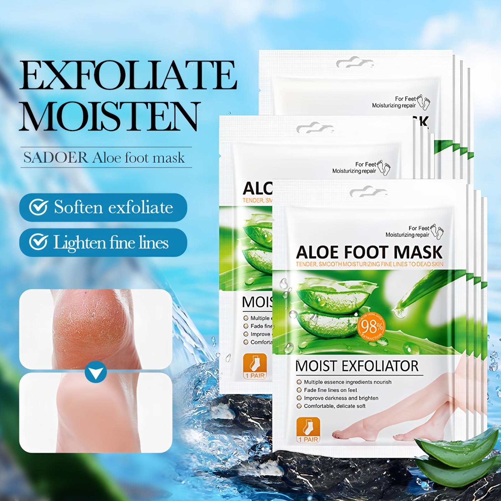Aloe Vera maska do stóp, 6 par, nawilżająca i peelingująca, skarpety usuwające zrogowaciały naskórek, maska do pielęgnacji stóp, kojący aloes