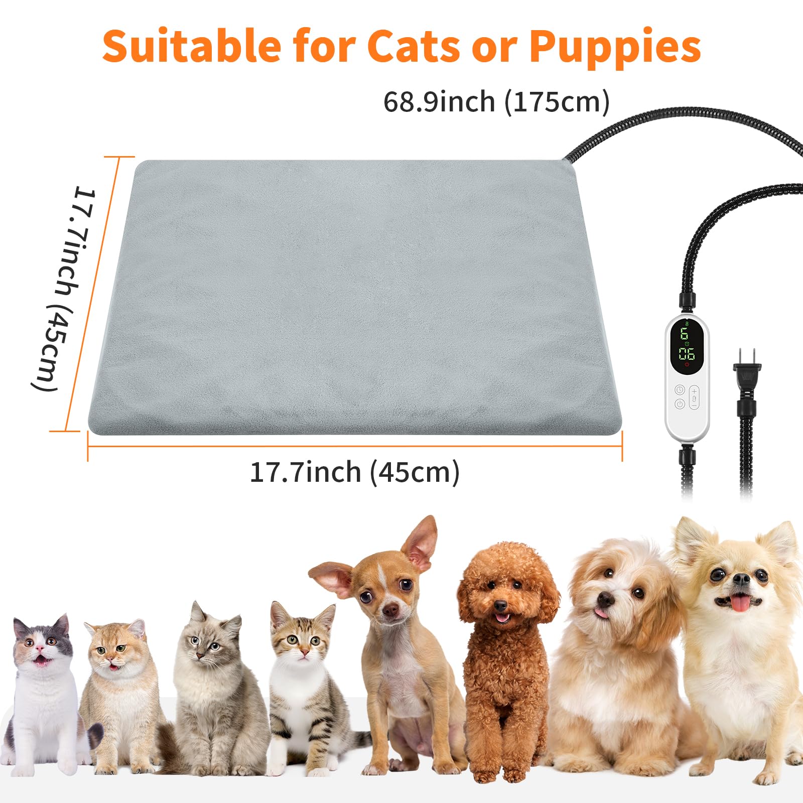 Almohadilla térmica para mascotas, 9 almohadillas de calefacción ajustables para gatos con temporizador, 17.7 x 17.7 pulgadas, impermeable, calentamiento, manta para perros, gatos, perros, gatitos