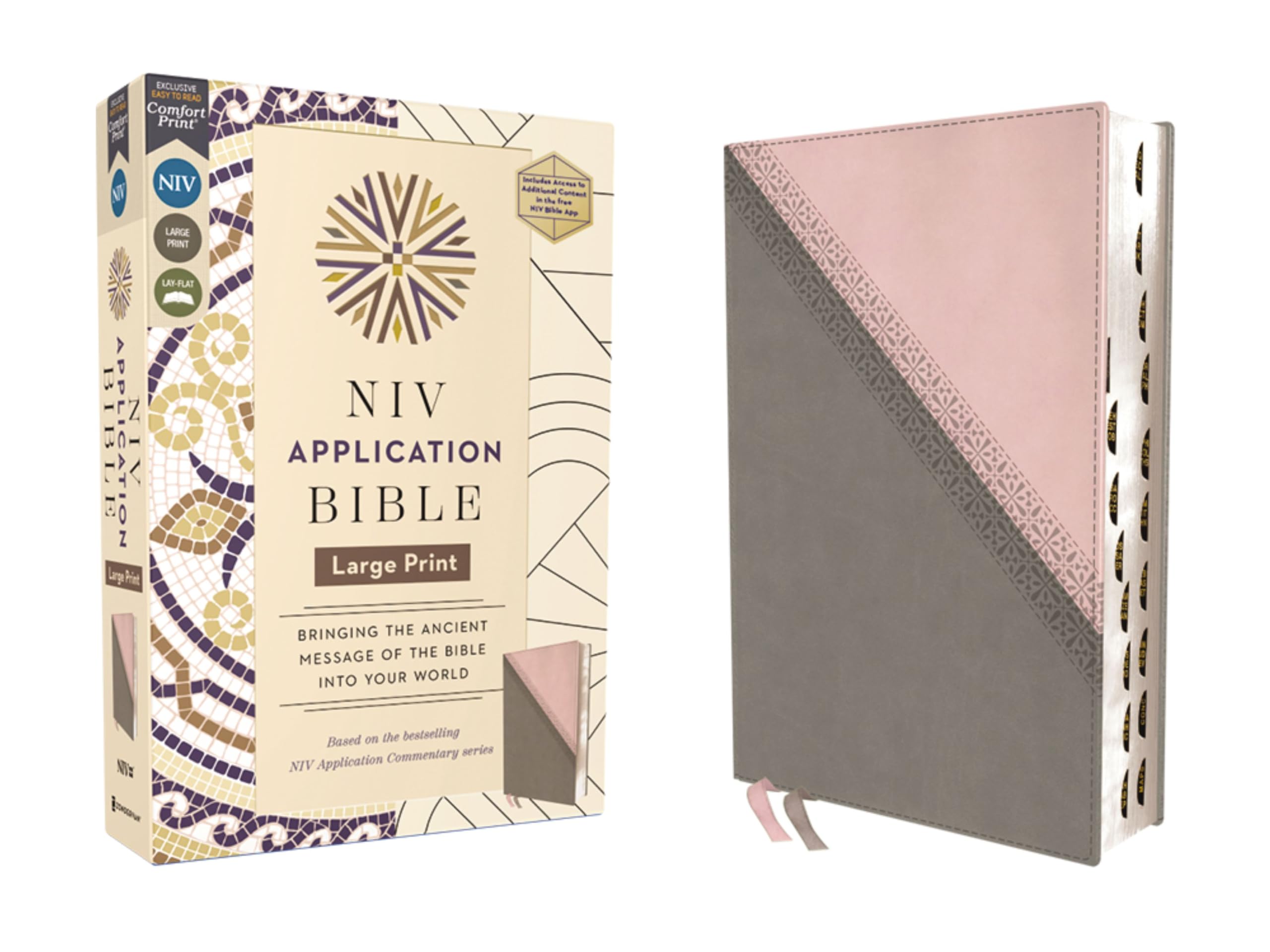 NIV Application Bible, Large Print, Leathersoft, Pink/Gray, Red Letter, Thumb Indexed, Comfort Print: Bringing the Ancient Message of the Bible into Your World