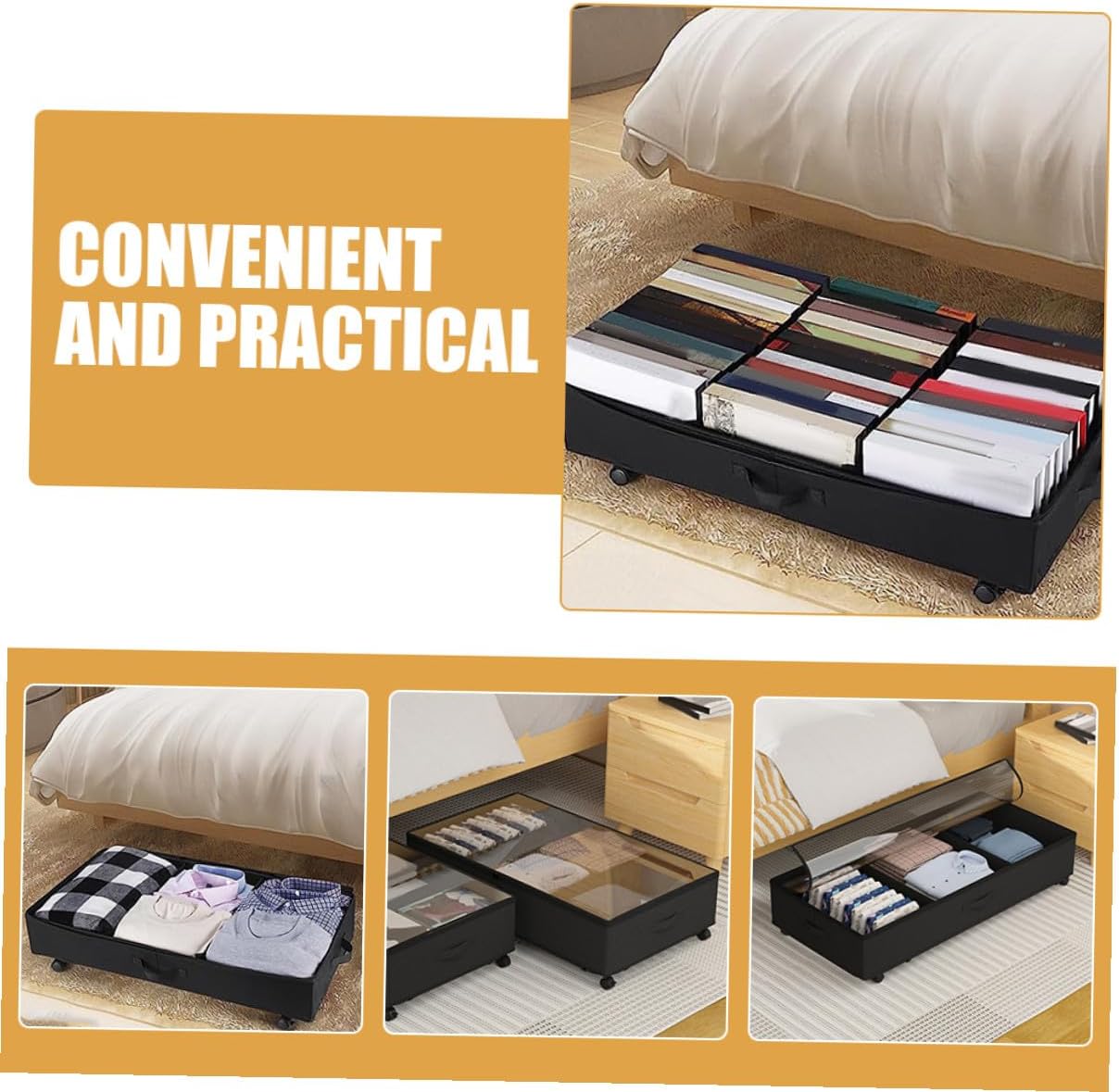 Bed Storage Bin with Wheels Large Capacity Oxford Cloth 3-grid Organizer Dustproof Clothes and Storage Container for Bedroom