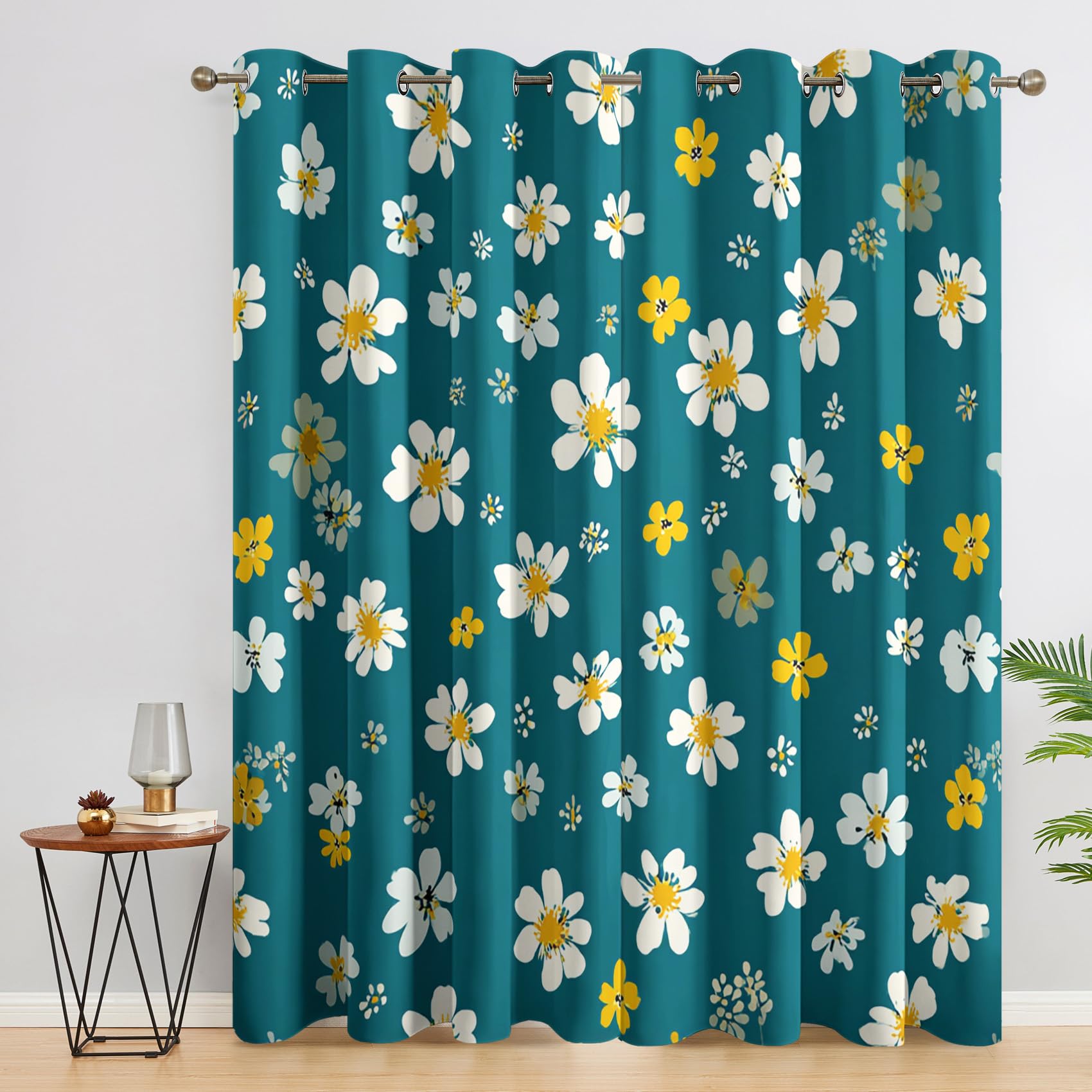 White Yellow Floral Curtains 90x90 Inch 2 Panels, 95% Blackout, Flower Plant Curtains for Bedroom, Living Room, Home Decor, Thermal Insulated Eyelet Window Drapes RCN163