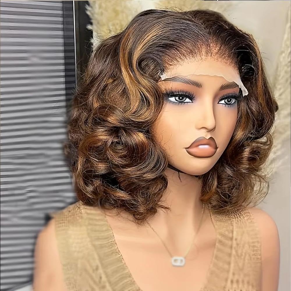 Haarpflege Highlight Brown Body Wave Bob Lace Front Perücke 16 Zoll 180 Dichte Vorgezupft Ohne Kleber Mit Baby