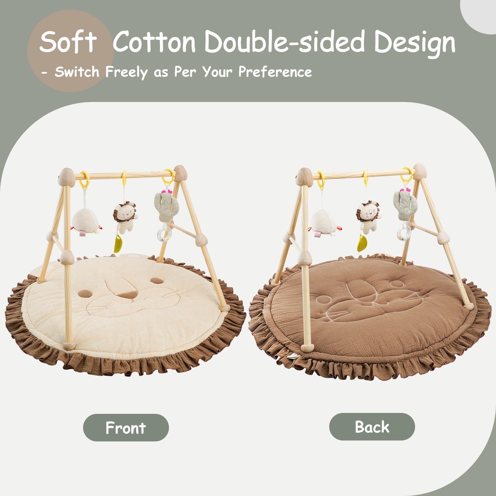 Tapis D'eveil Bebe 4 en 1,avec arche de jeu en bois naturel, 3 Peluches Amovibles,Développement Visuel, Auditif,Tactile et Cognitif,pour 0-3-6-12-36 mois Bébé,Cadeau de Naissance Idéal,Braun-Löwe