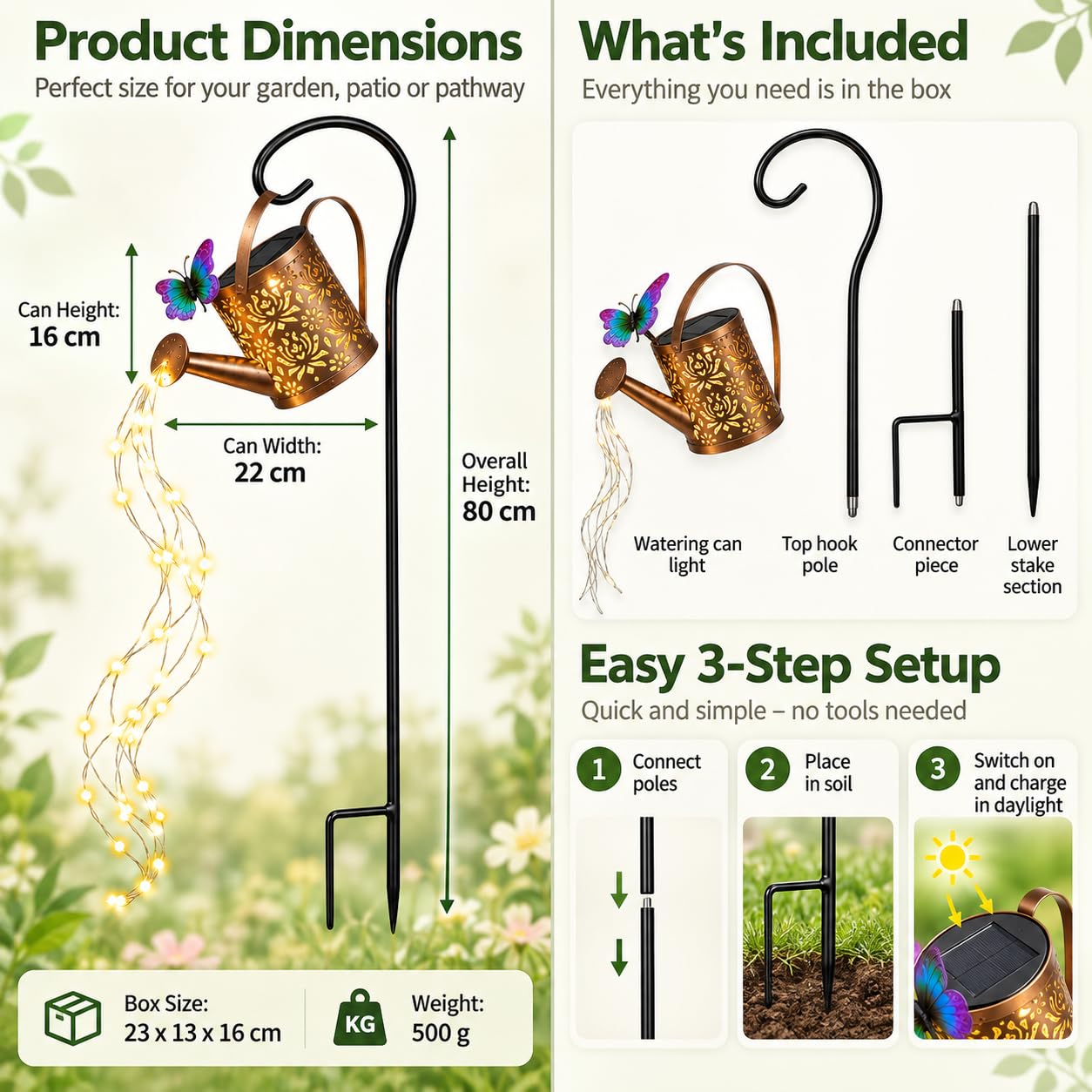 Annaffiatoio Solare Luminoso,Lampada da Giardino Decorativa con Cascata LED