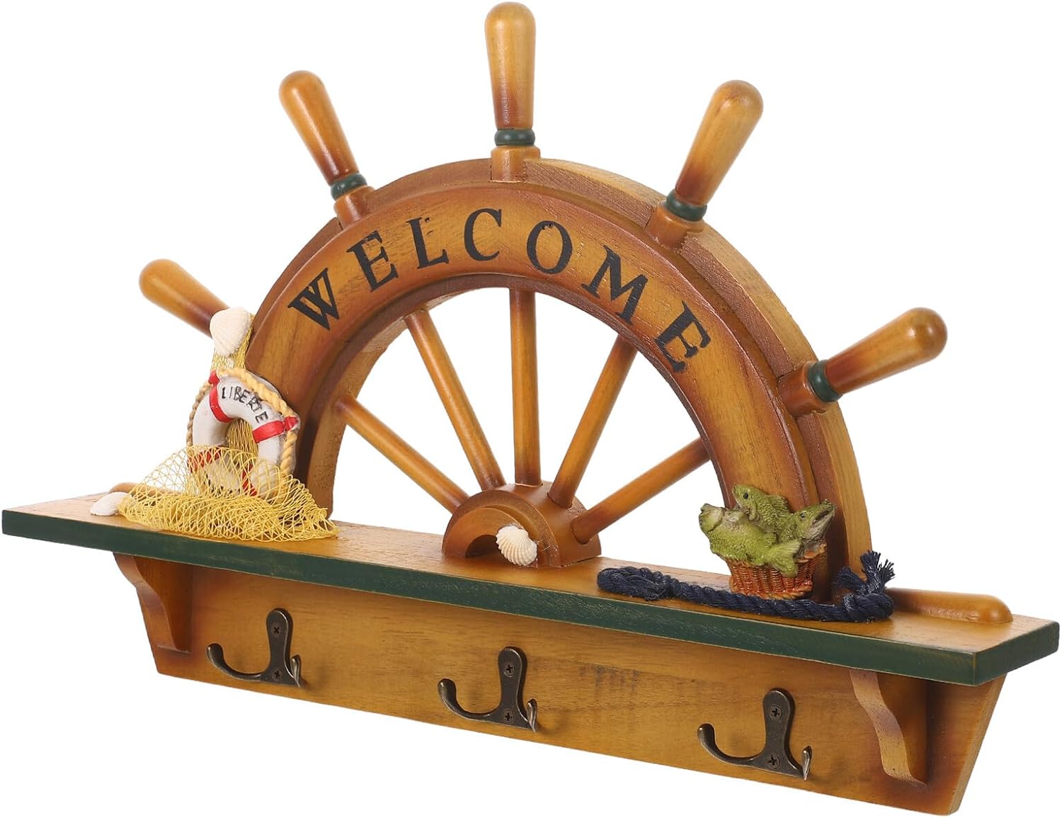 Wood Nautical Steering Wheel Coat Hook Rustic Wall-Mounted Key and Towel Hanger for Entryway Bathroom Ocean-Themed Home Decor