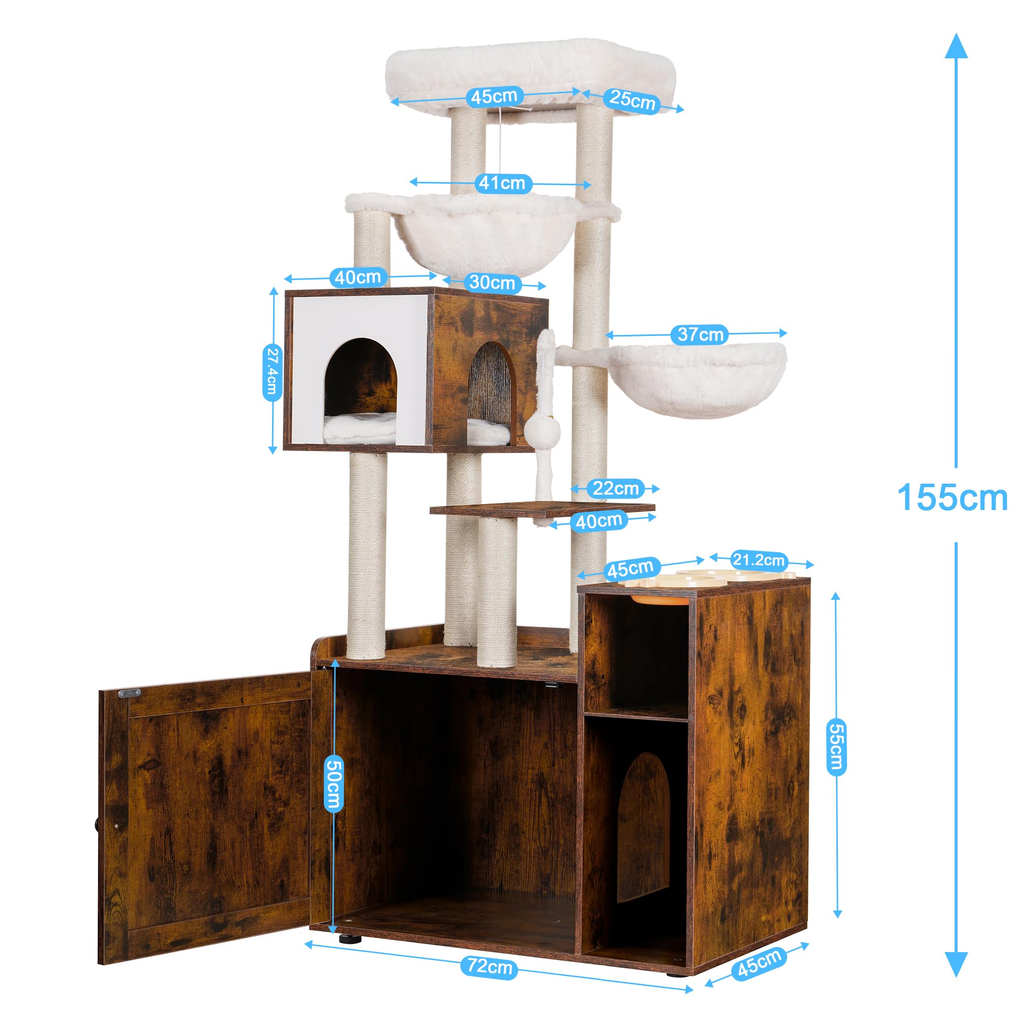 Hey-brother Kratzbaum mit Katzenklo, moderner Katzenturm fr Wohnungskatzen  mit groer Plattform, Futterstation und 2 Hngematten, All-in-one  Katzenmbel, Holz rustikal braun EMPJ115SR : Amazon.de: Haustier